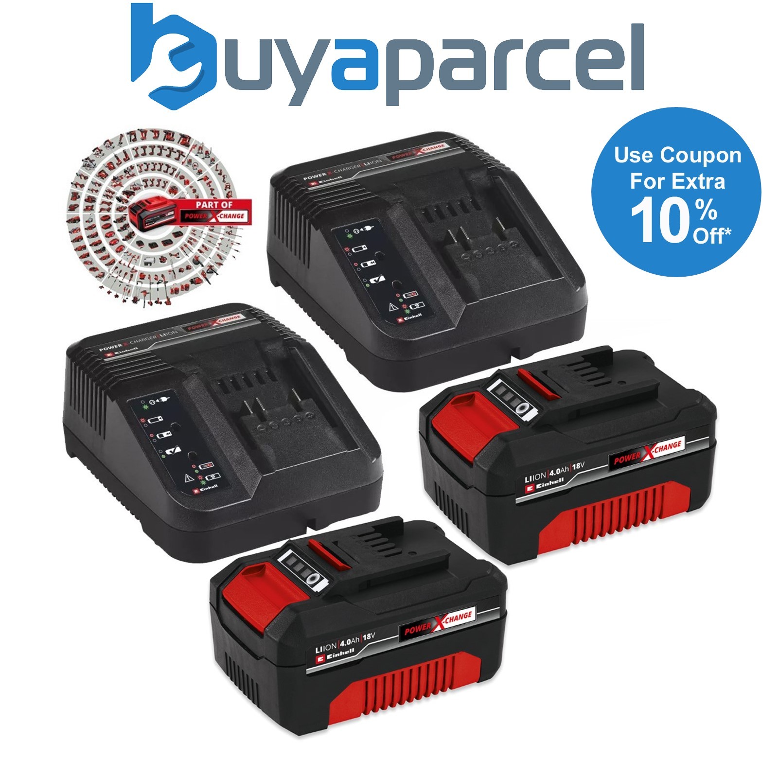 Einhell 18v / 36v Power X-Change Kit - 2x 4.0Ah Battery + 2x 3ah Fast Charger