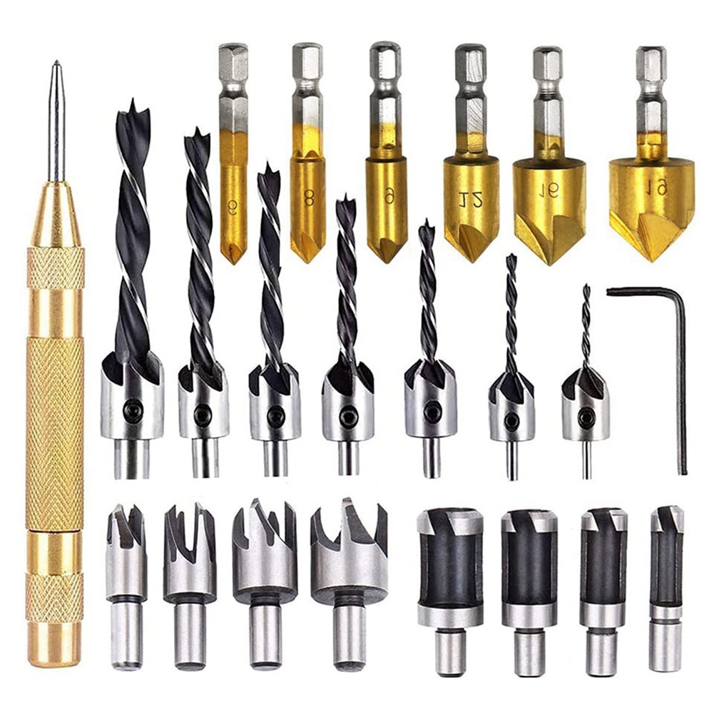 23-Pack Woodworking Chamfer Drilling Tool Set Woodworking Chamfering Device H1E5