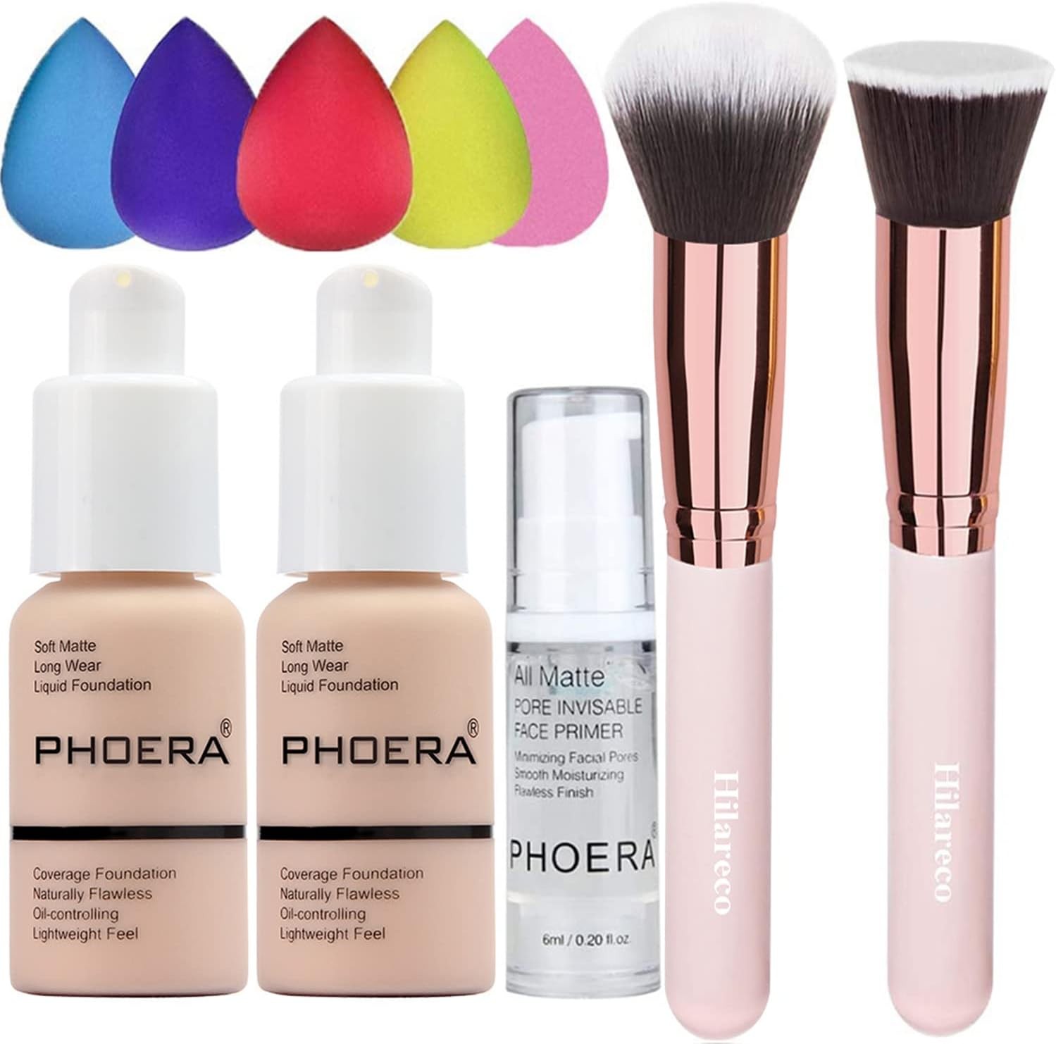 Phoera Prime Makeup Set, Foundation Brush, Powder Brush, 5 Makeup Sponge, Flawl