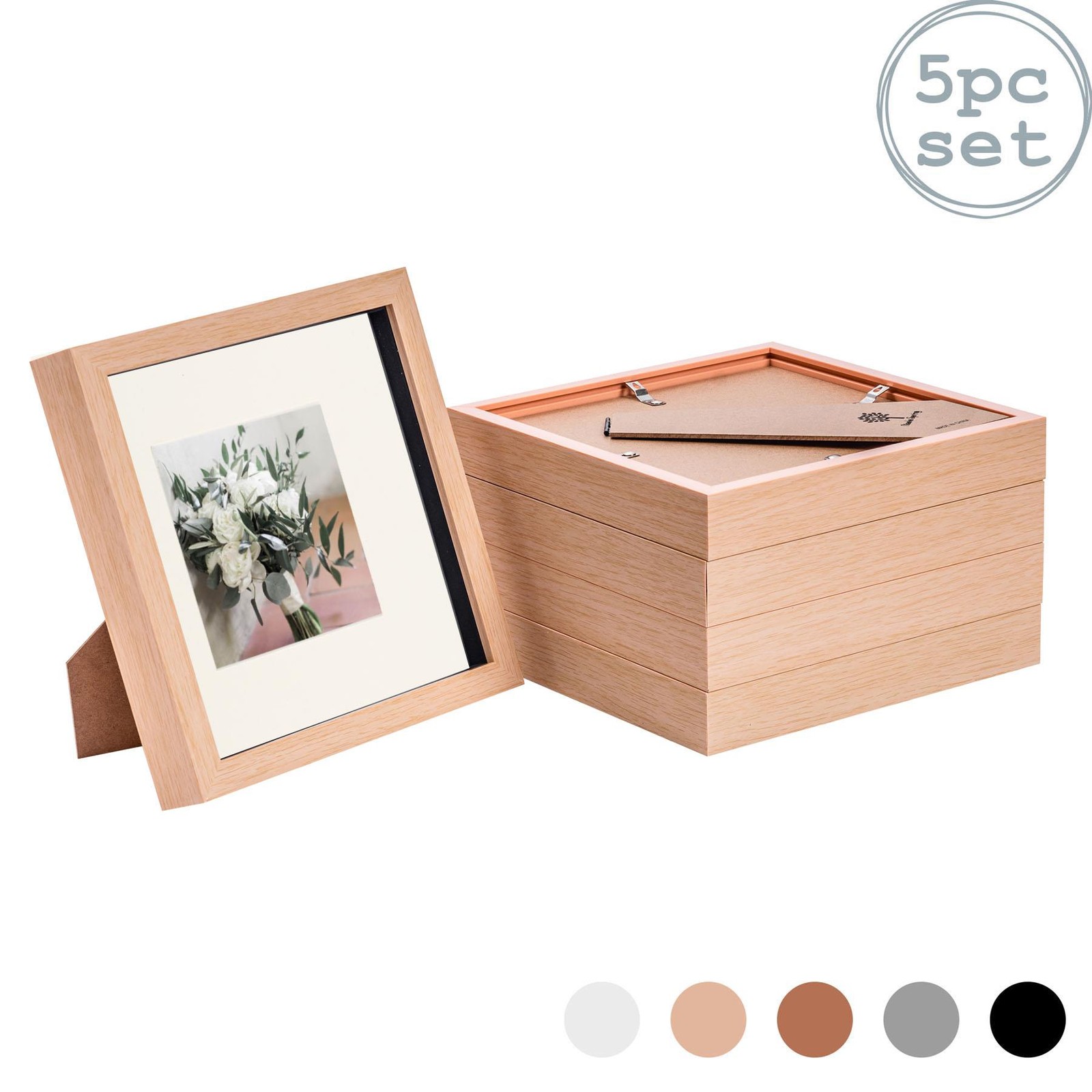 5x 3D Box Photo Frames Display 8 x 8" with 4 x 4" Mount Light Wood/Ivory