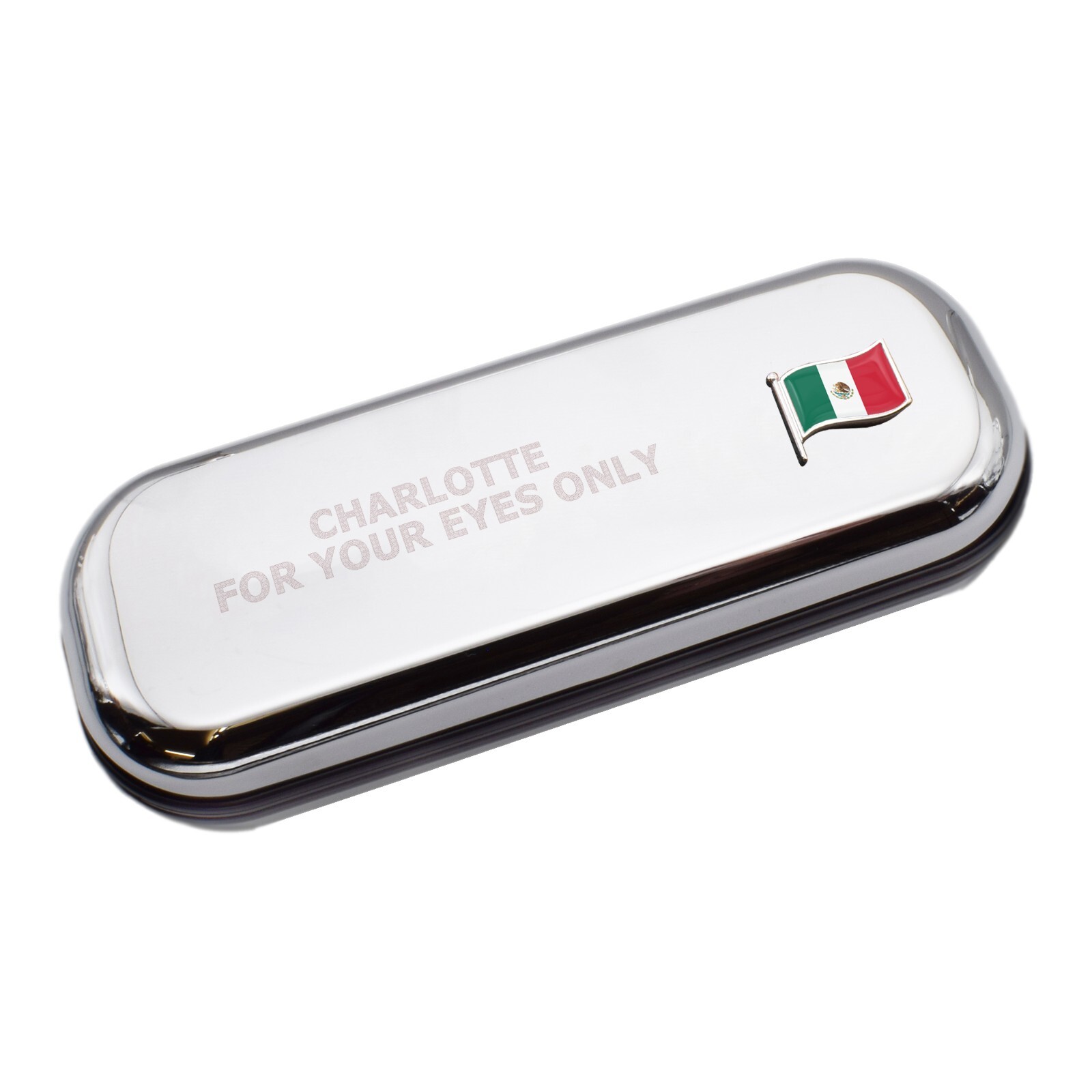 Mexico Wave Flag & Engraved With Message Chromed Glasses Case Box