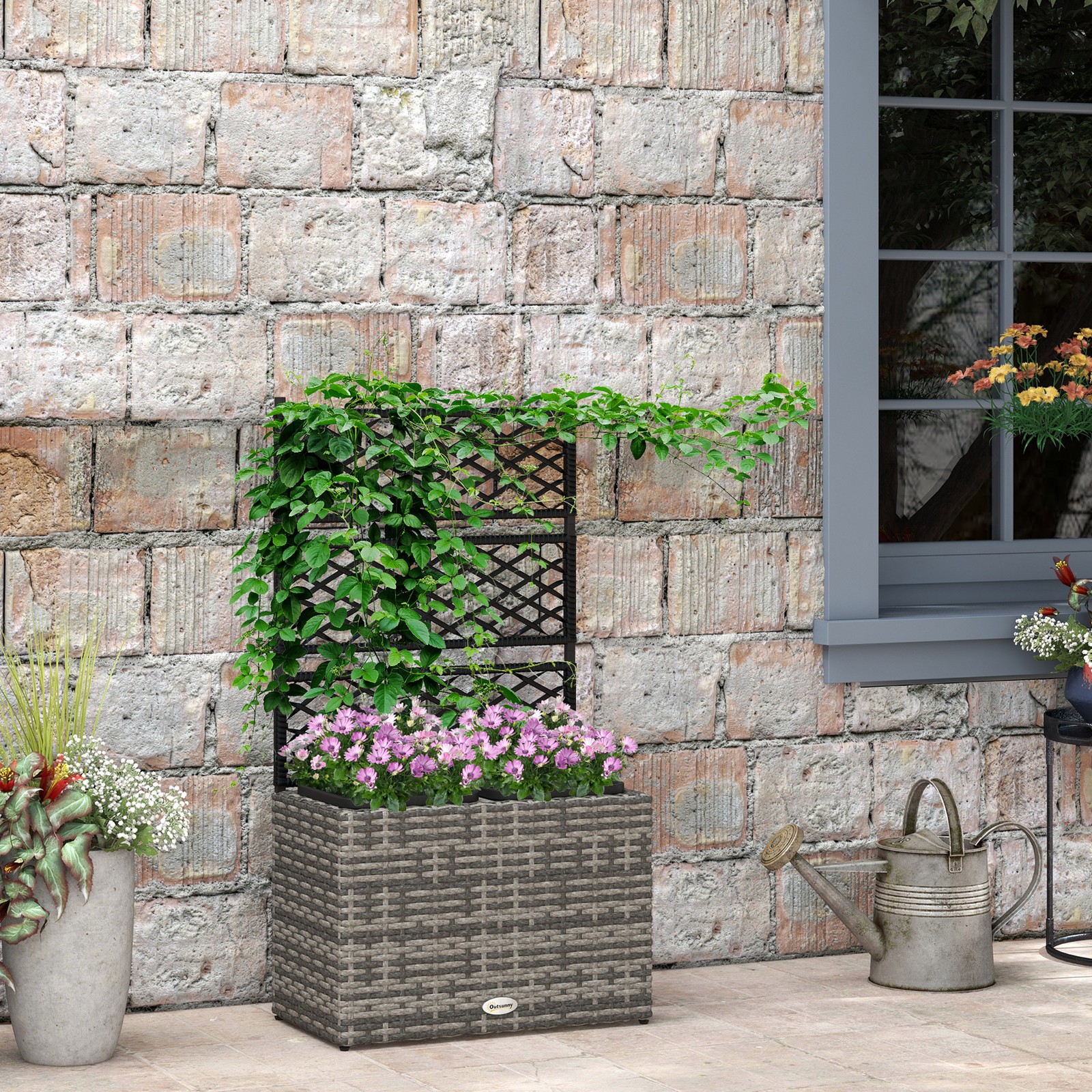 Garden PE Rattan Planter with Trellis, Raised Bed, 57x30x107cm, Mixed Grey
