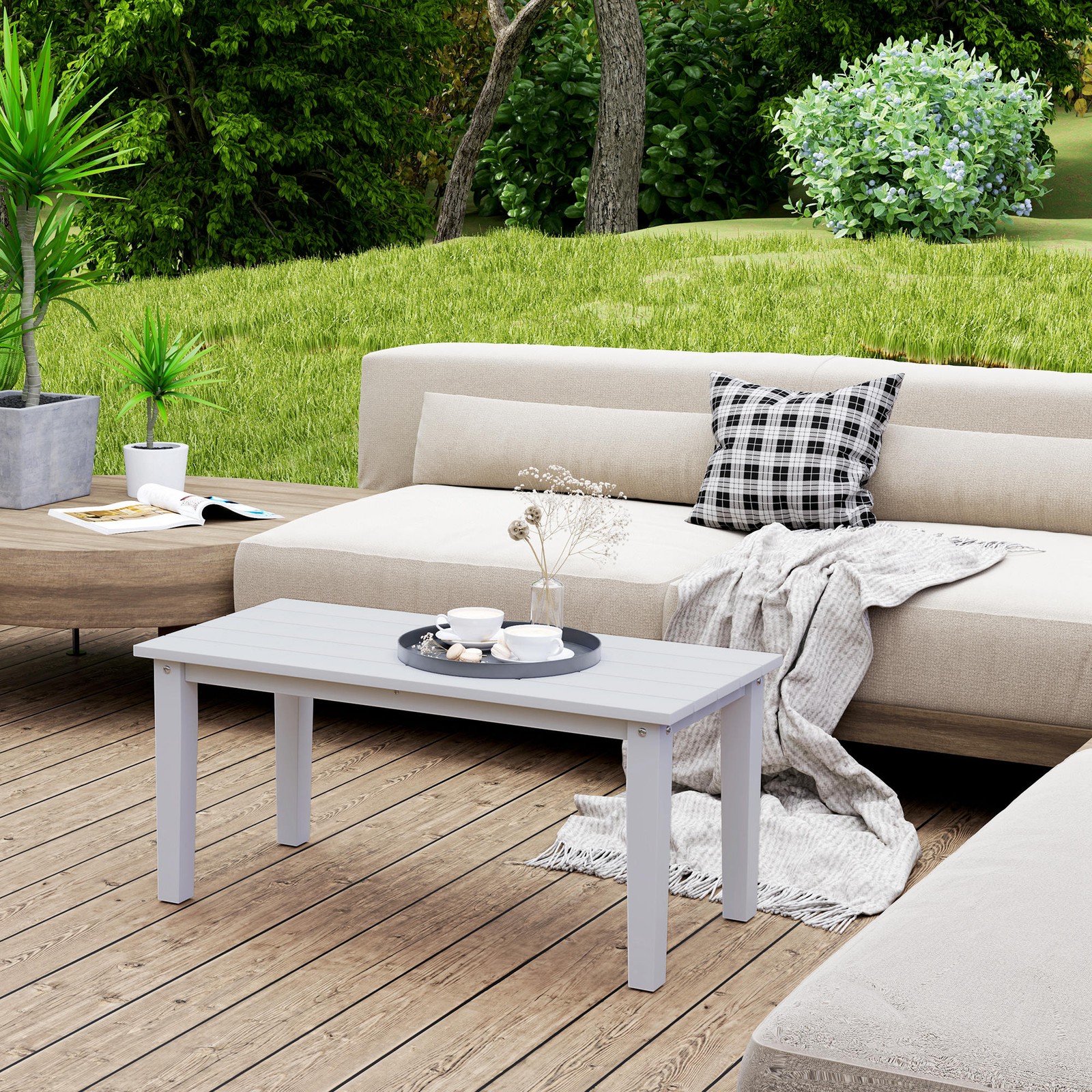 Outdoor Coffee Table, HDPE Rectangle Garden Table with Slatted Tabletop, White