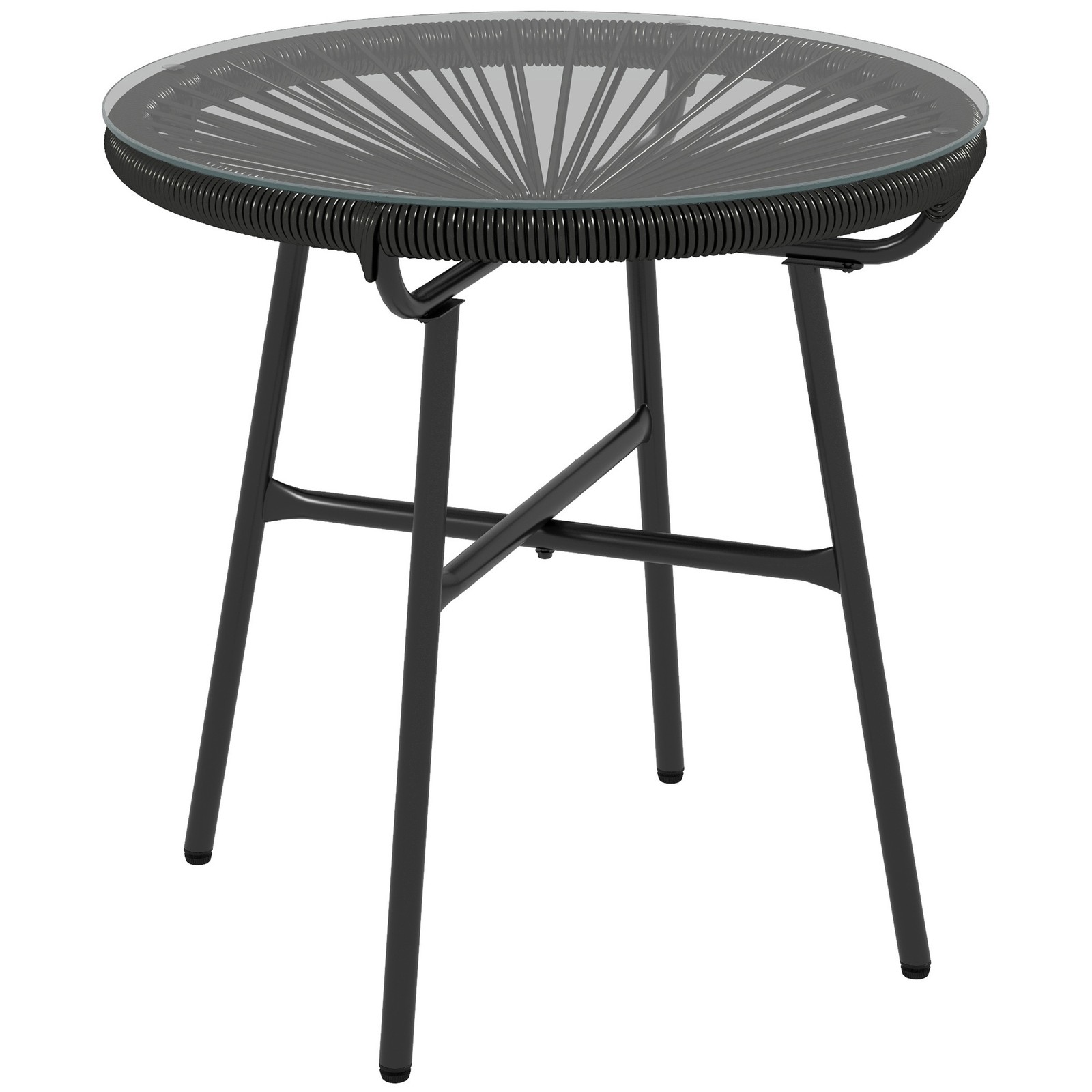Outsunny Rattan Side Table w/ Tempered Glass Tabletop, Black