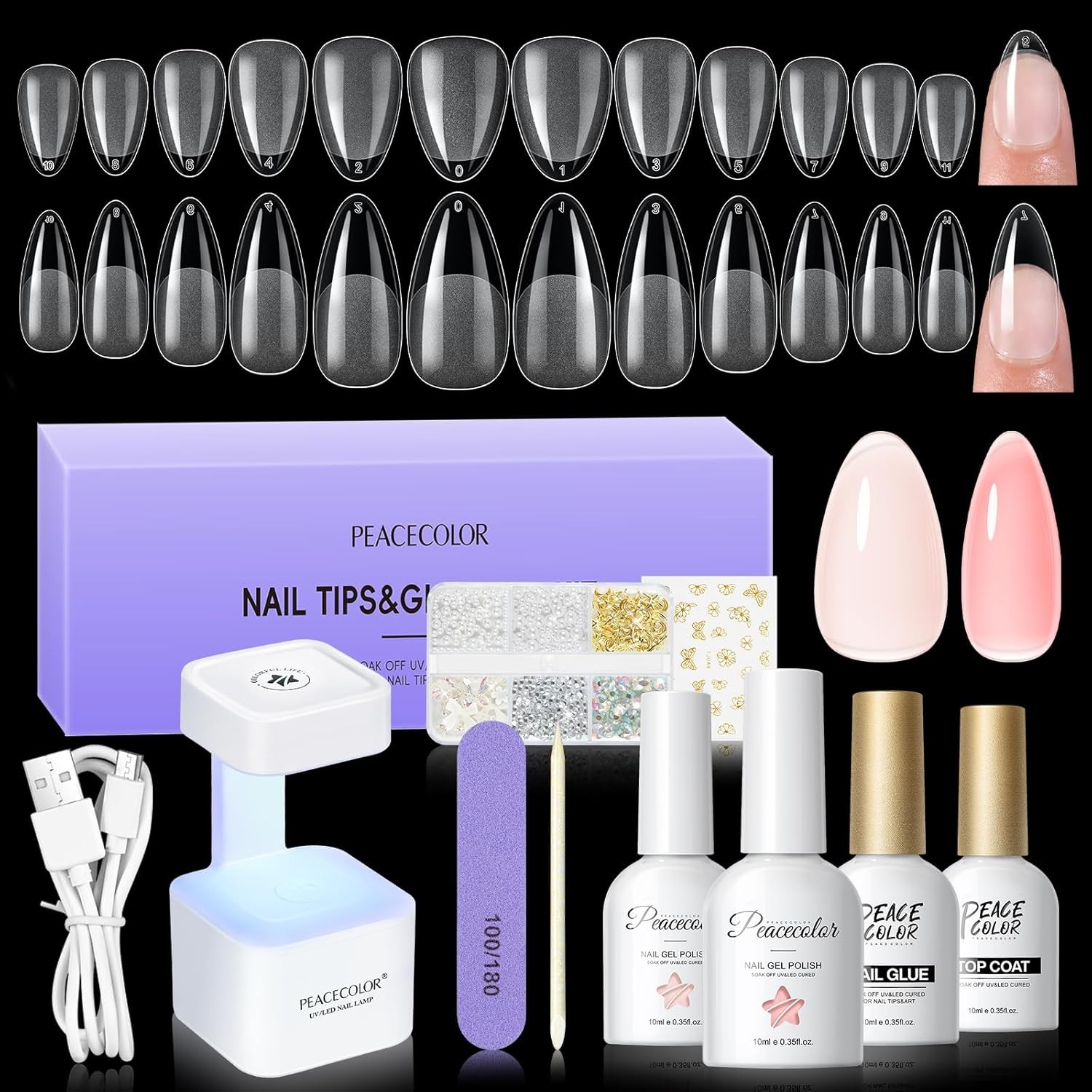 PEACECOLOR Nail Tips Gel Extension Kit, 240pcs Two Types of Almond Nails Short