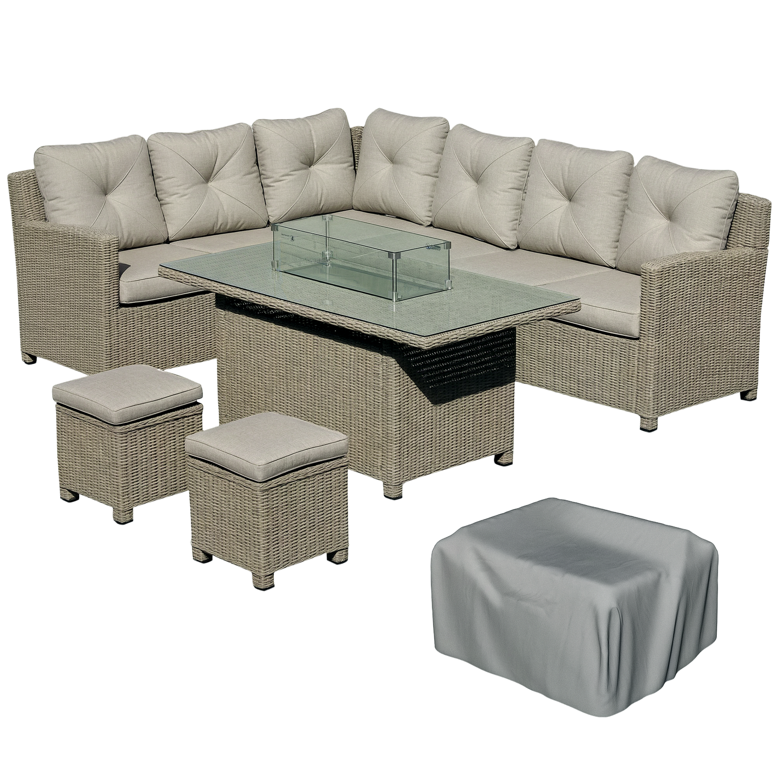 Outsunny 5 PCs Outdoor PE Rattan L-Shape Sofa Footstool Fire Pit Table Set