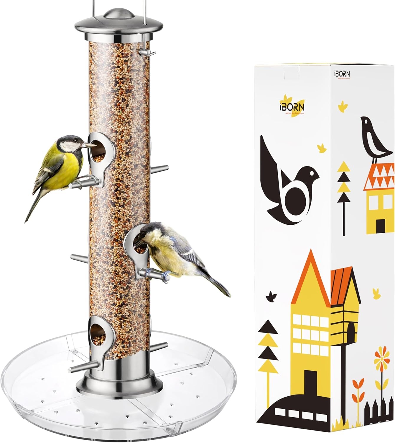 iBorn Bird Feeders Seed Catcher for Outside Hanging 6 Port Bird Feeder for Card