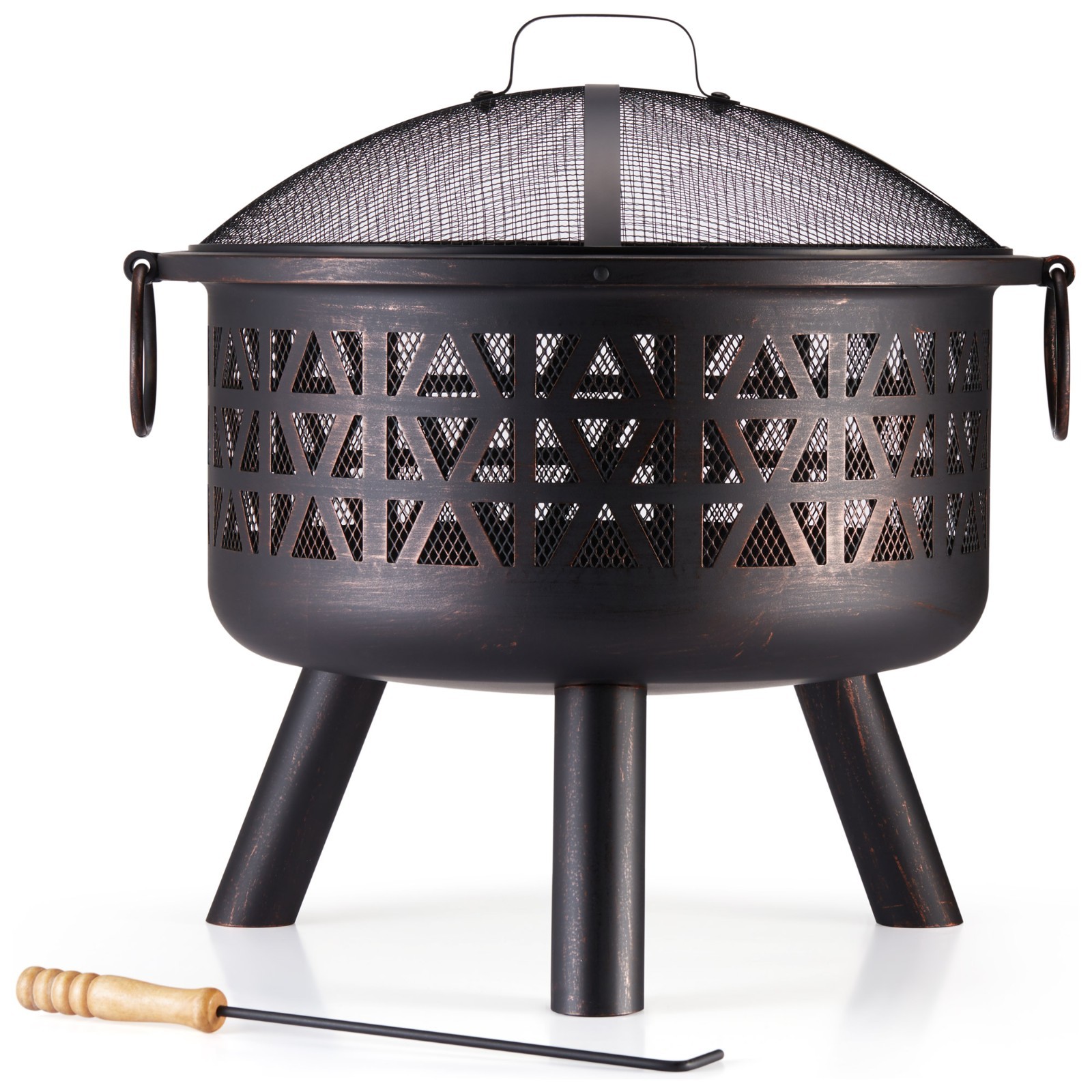VonHaus Fire Pit Bowl Geo Firepit with Spark Guard & Poker for Wood & Charcoal