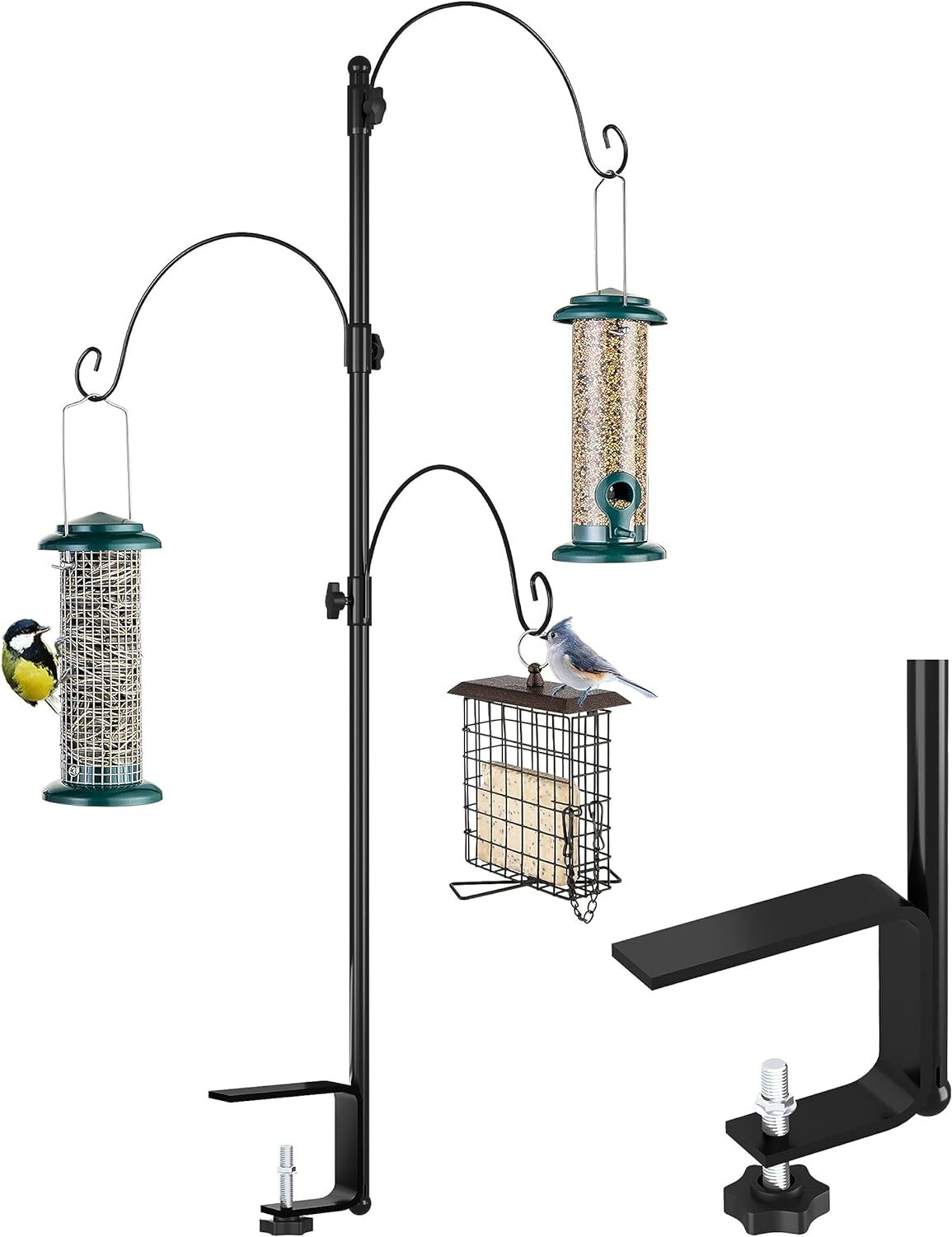 iBorn Deck Bird Feeder Pole Balcony Bird Feeder With Three Adjustable Feeder Ha