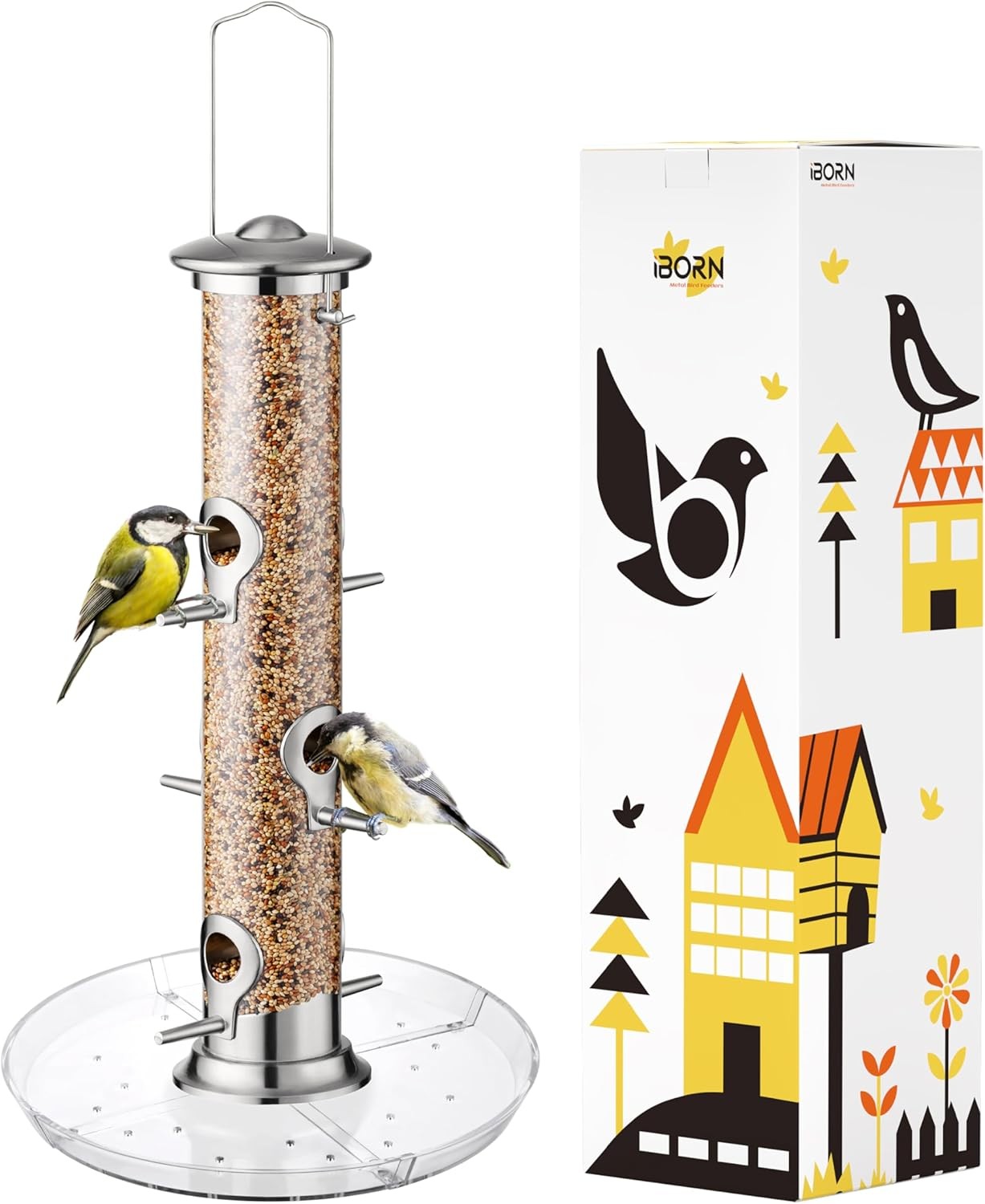 iBorn Bird Feeders Seed Catcher for Outside Hanging 6 Port Bird Feeder for Card