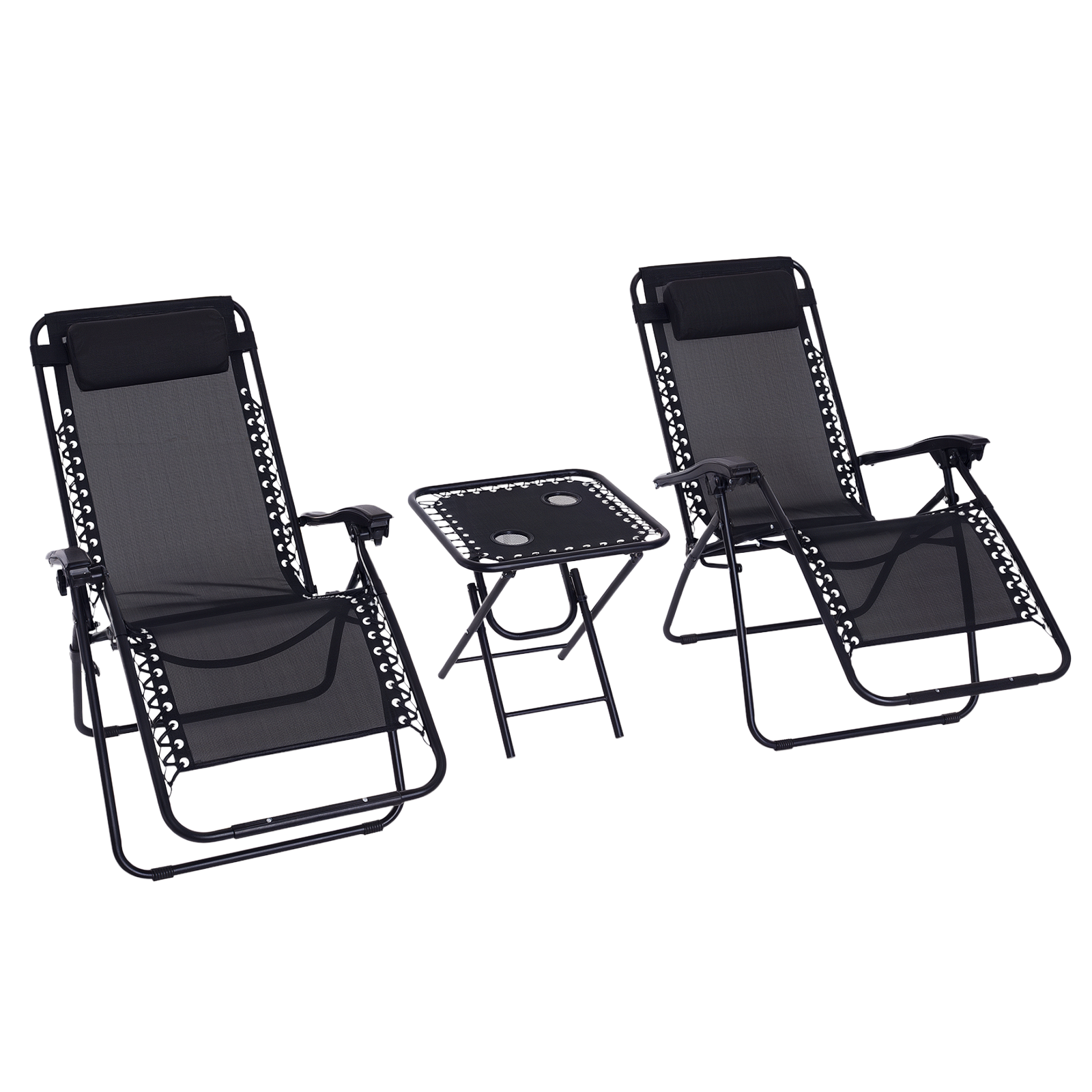 Outsunny 3PC Zero Gravity Chairs Sun Lounger Table Set w/ Cup Holders, Black