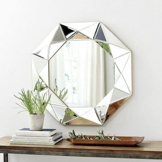 Large Silver Hanging Mirror Home Decor Jewel Cut Bevelled Wall Mounted Diamond