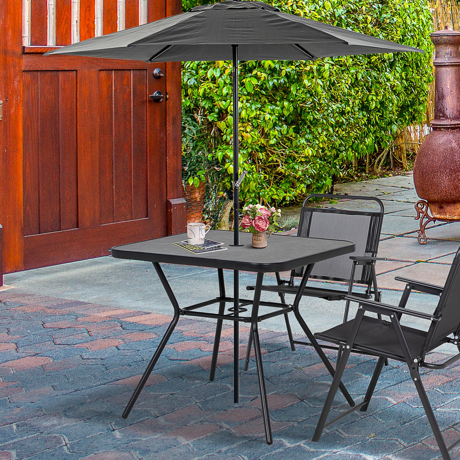Outdoor Garden Table with Faux-marbled Top and 42mm Umbrella Hole for Patio