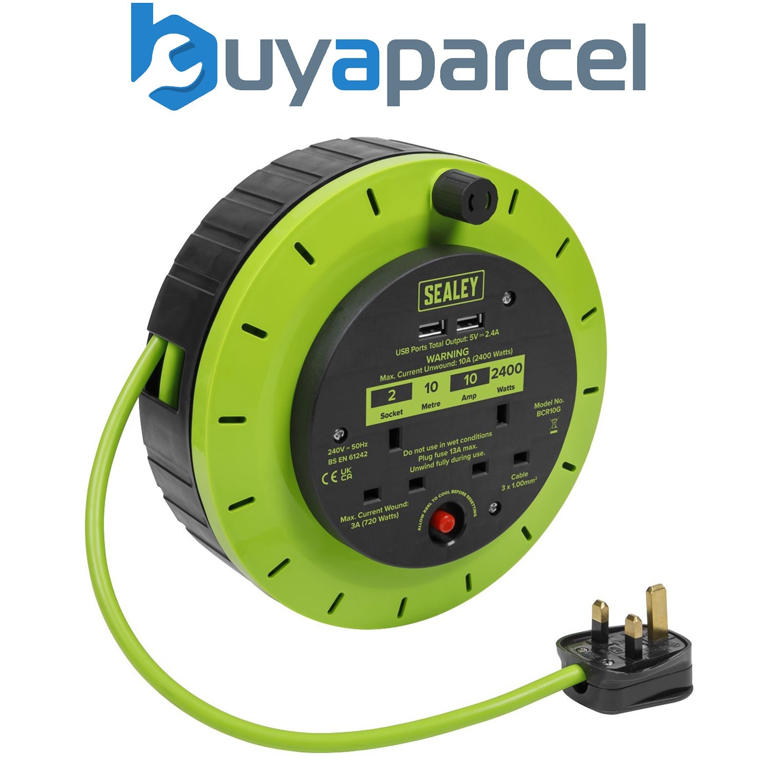 Sealey BCR10G 10m Cassette Type Cable Reel with Thermal Trip 2 x 230V & 2 x USB