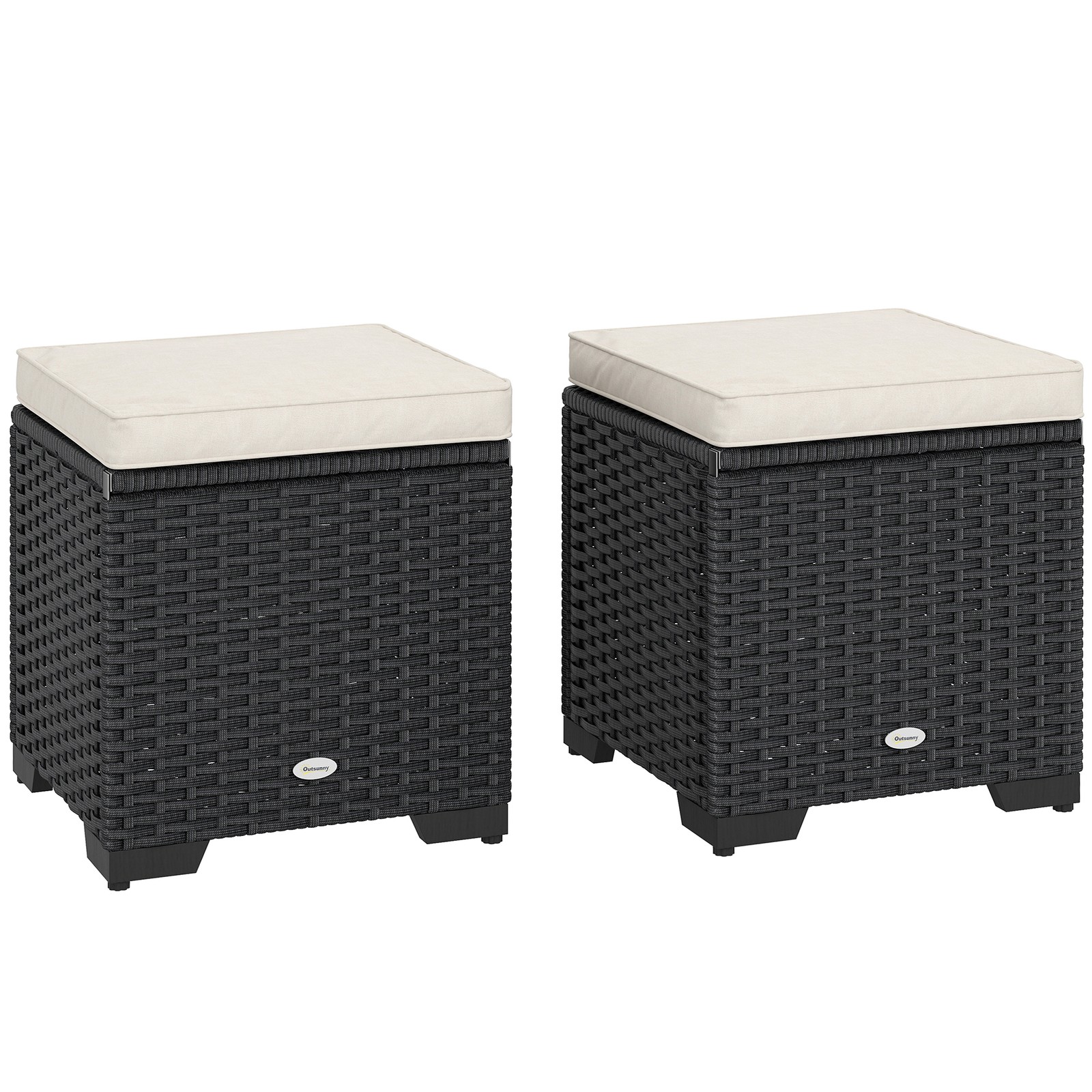 Outsunny Set of 2 Rattan Footstool, Storage Ottoman w/ Cushions, Cream