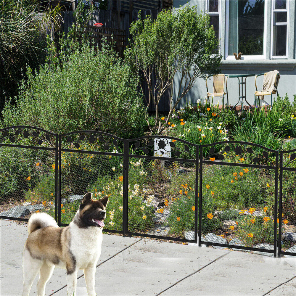 5x Metal Garden Fence Panels Animal Dog Barrier Fence with Poles Ground Spikes