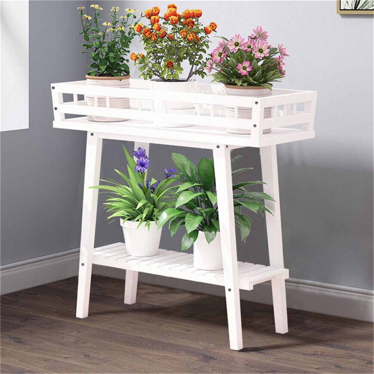 White Victoria Plant Shelf Flower Potted Holder Sofa Side Table w/Beatiful Fence