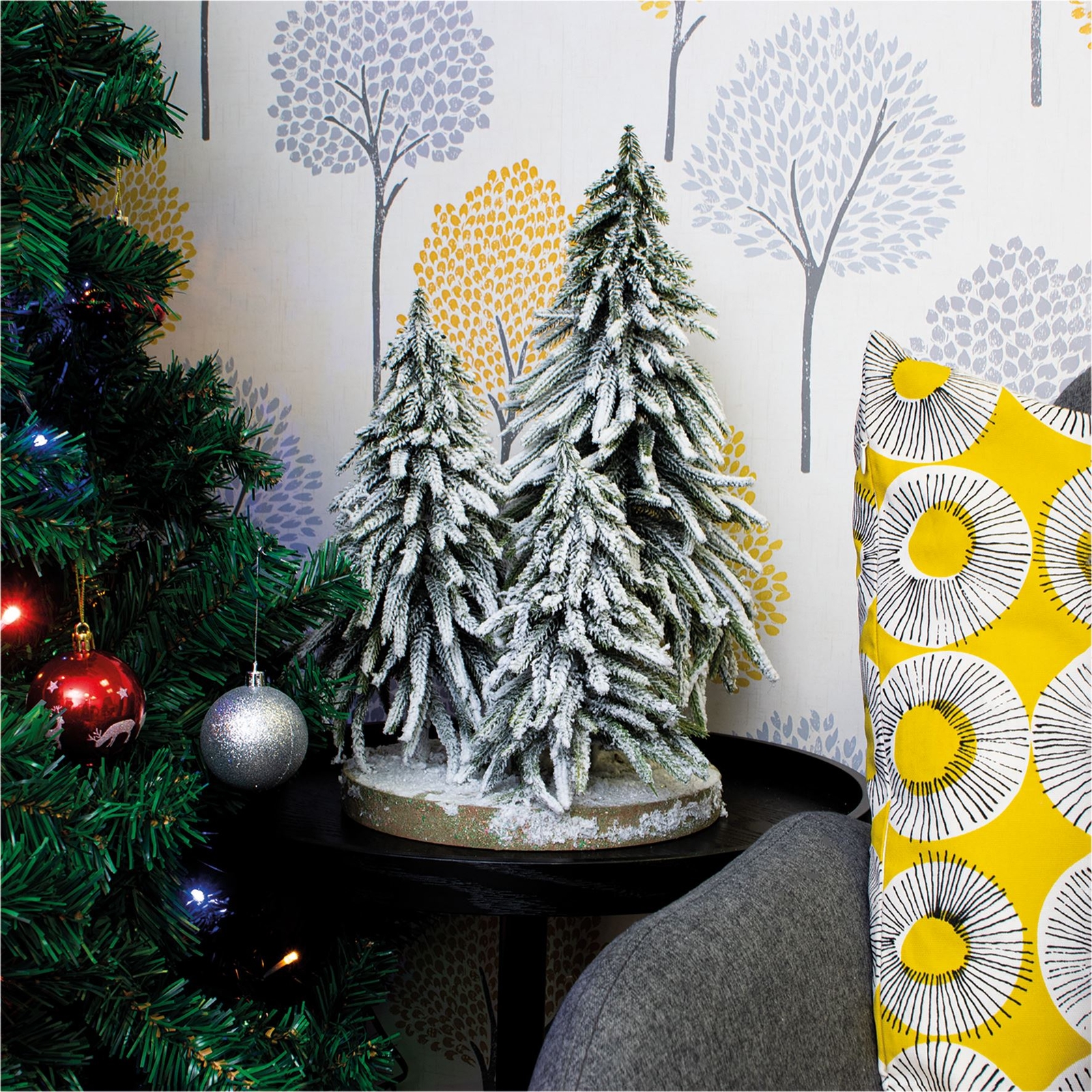 Decorative Triple Snow Topped Mini Xmas Christmas Tree Display on Wooden Base
