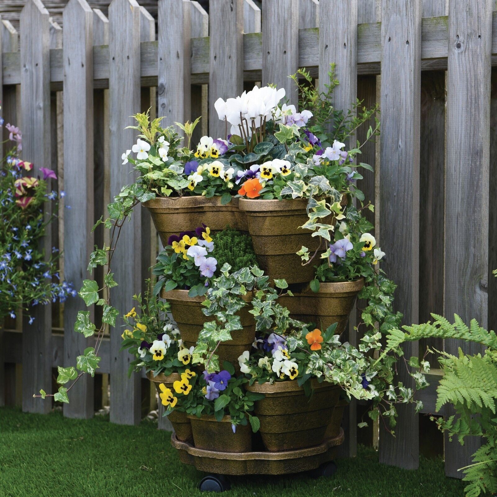 Garden Grow 3 Tier Bronze Planter Self Watering Flower Pot Wheeled Multi Level