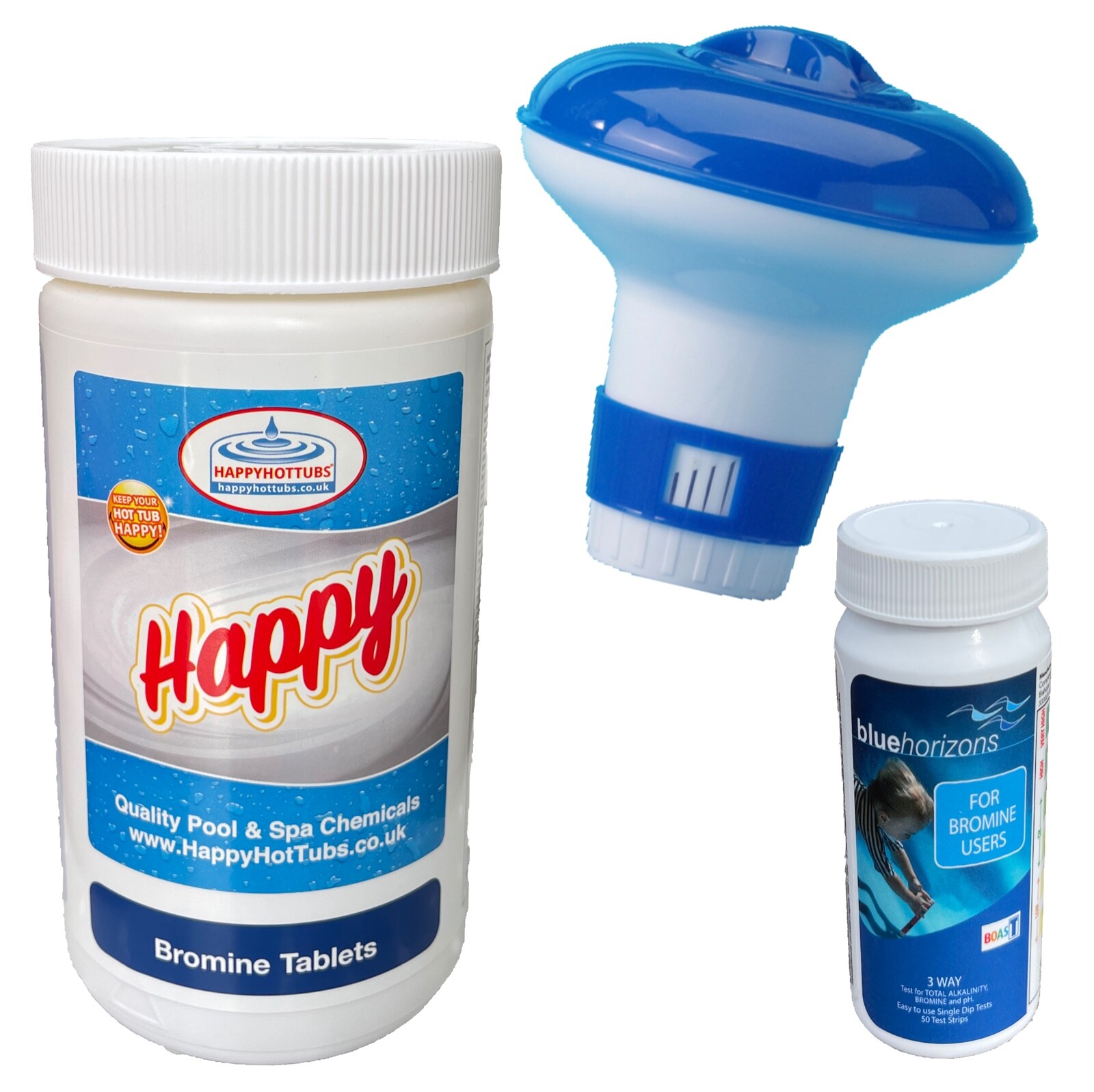 Happy Bromine Tablets 1kg Dispenser & Test Strips Hot Tub Spa Tubs Swimming Pool