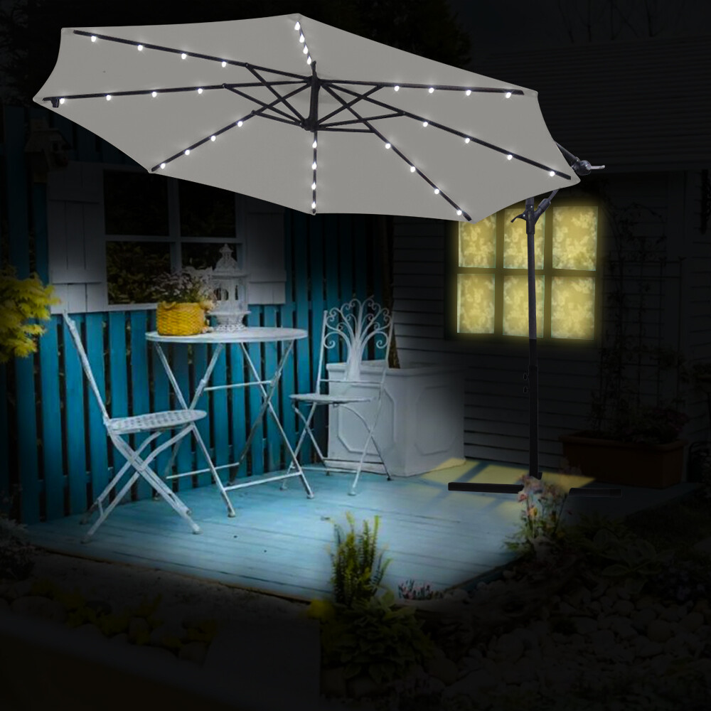 3M Outdoor Banana Cantilever Umbrella Garden Parasol Sun Shade with 32 LED Grey
