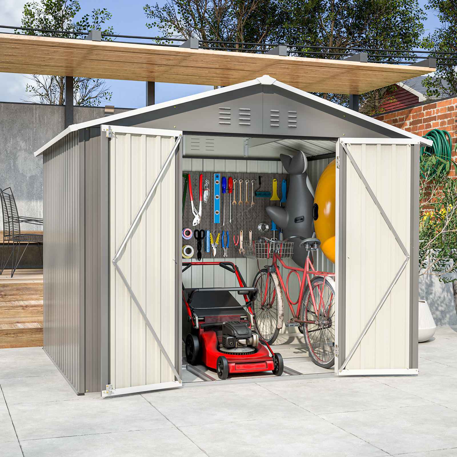Garden Shed Apex Roof 8X6FT Metal With Free Foundation Base Storage House Grey