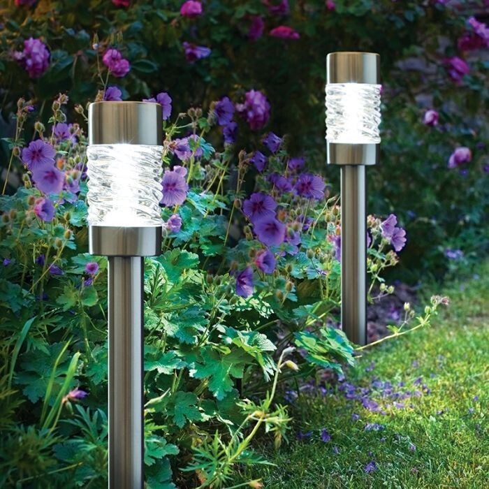 Solar Stake LED Lights 3pc Set Garden Path Lighting Patio Outdoor Large Silver