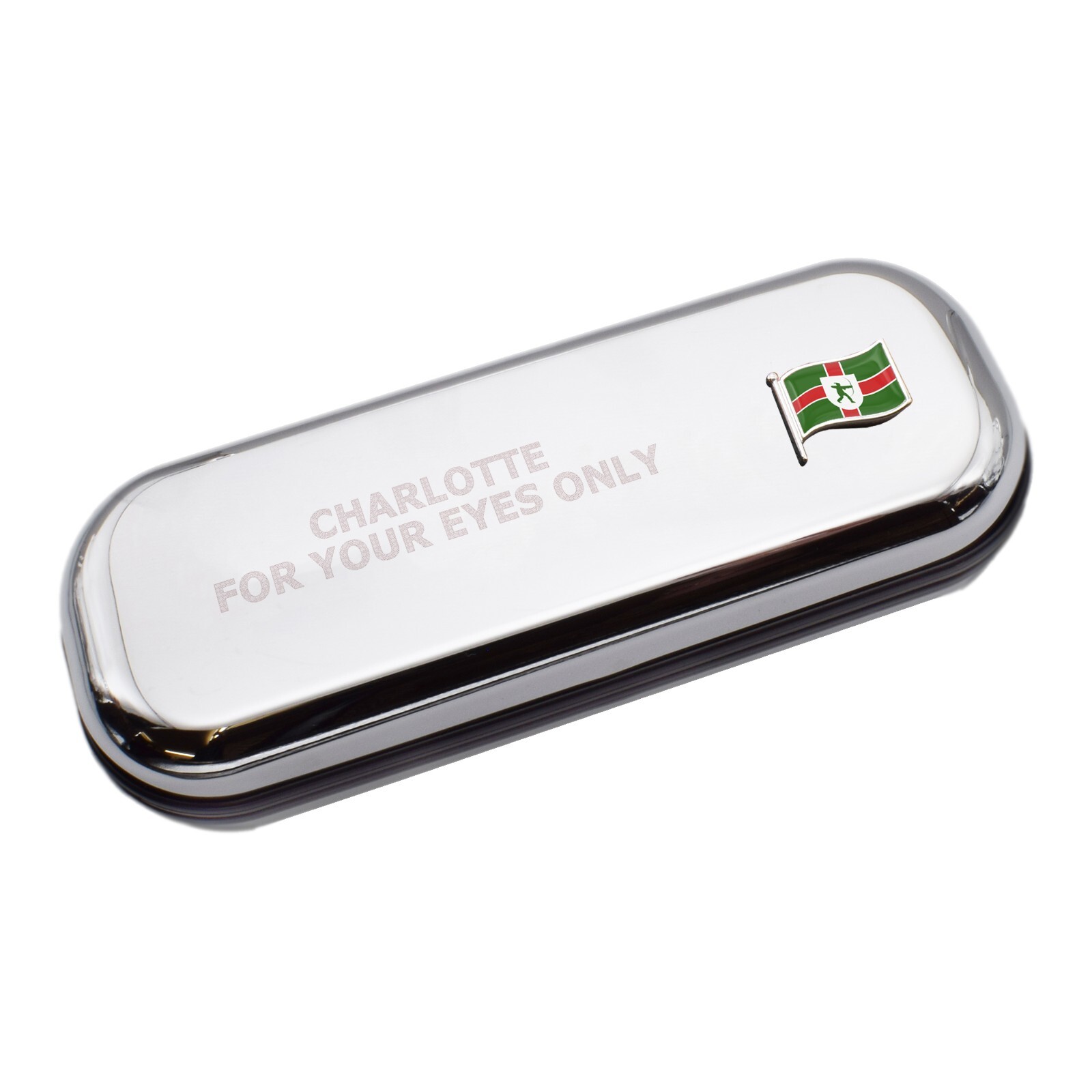 Nottinghamshire Wave Flag & Engraved With Message Chromed Glasses Case Box