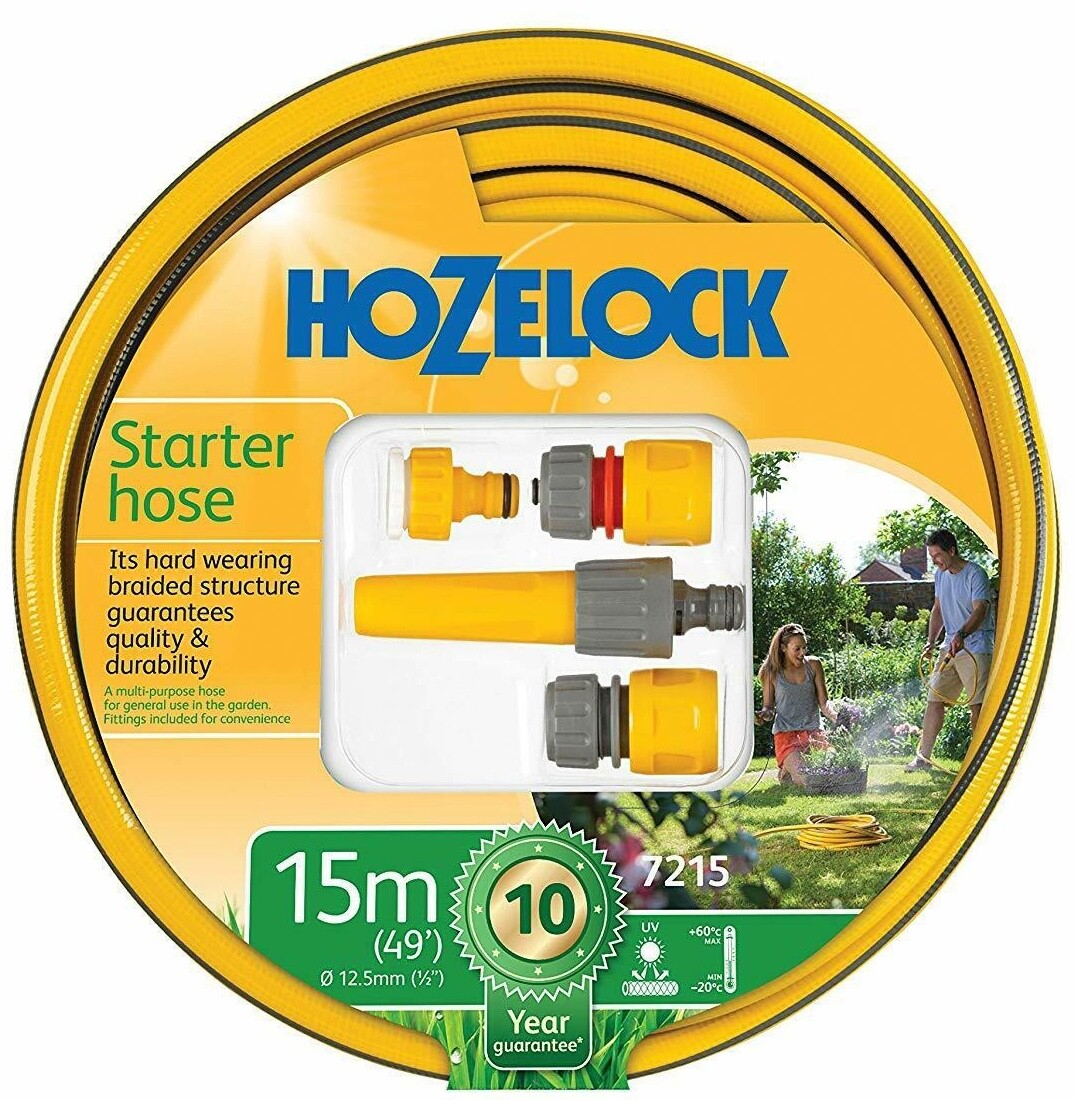 Hozelock Garden Outdoor Starter Hose Pipe Set with Fittings & Nozzle 15m