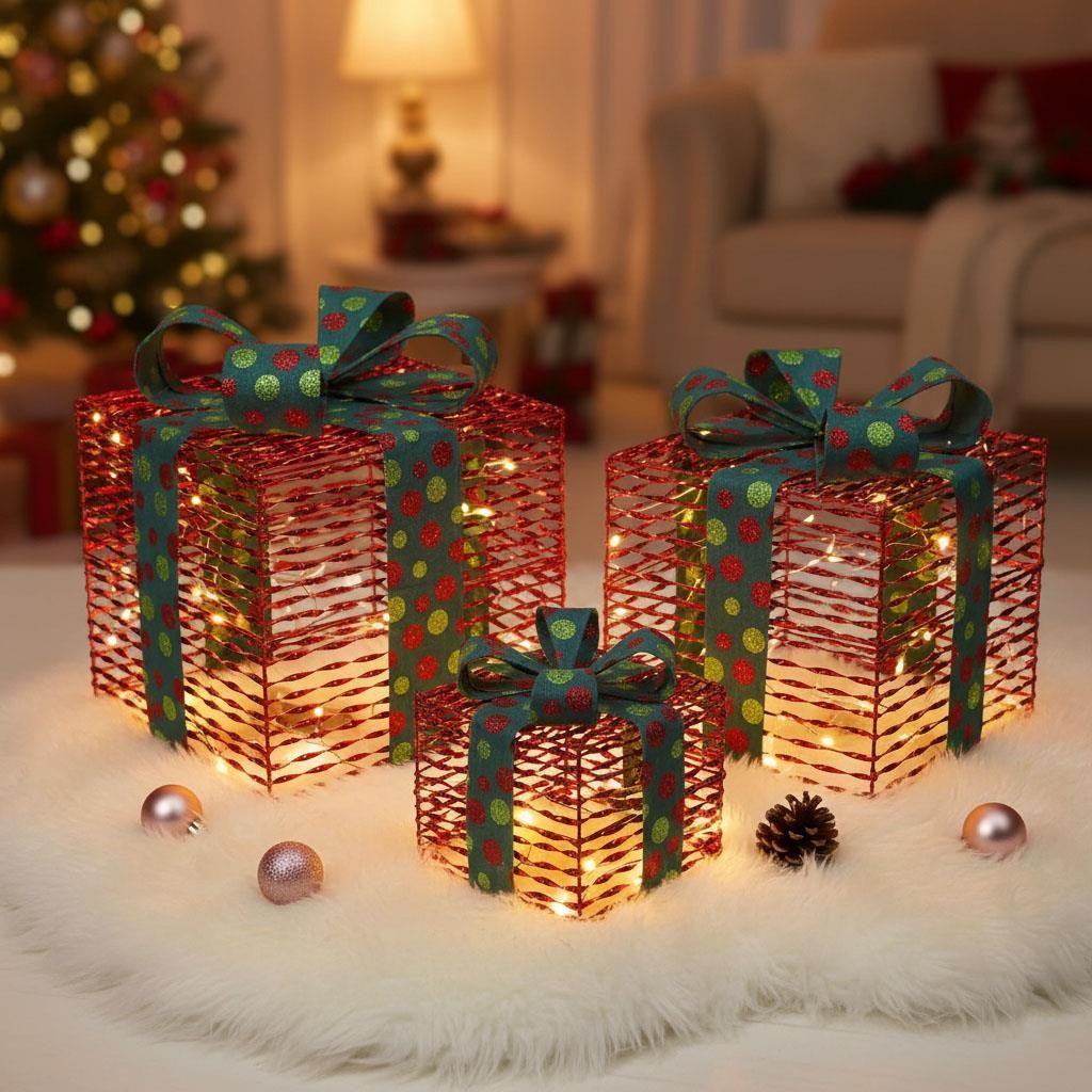 3x Christmas Gift Boxes Decoration LED Light Up Presents Parcels Xmas Decor Home