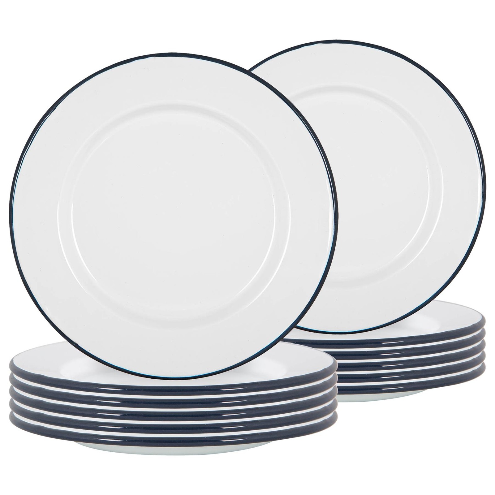 12x White Enamel Dinner Plates Metal Outdoor Camping Food Dishes 25.5cm Navy