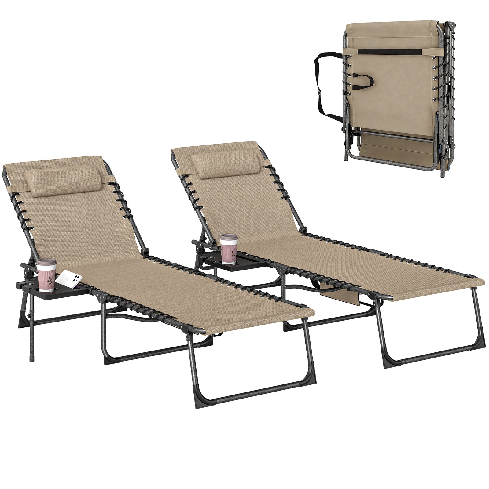 Outsunny Folding Sun Loungers with 5-Level Back, Cup Holder, Beige