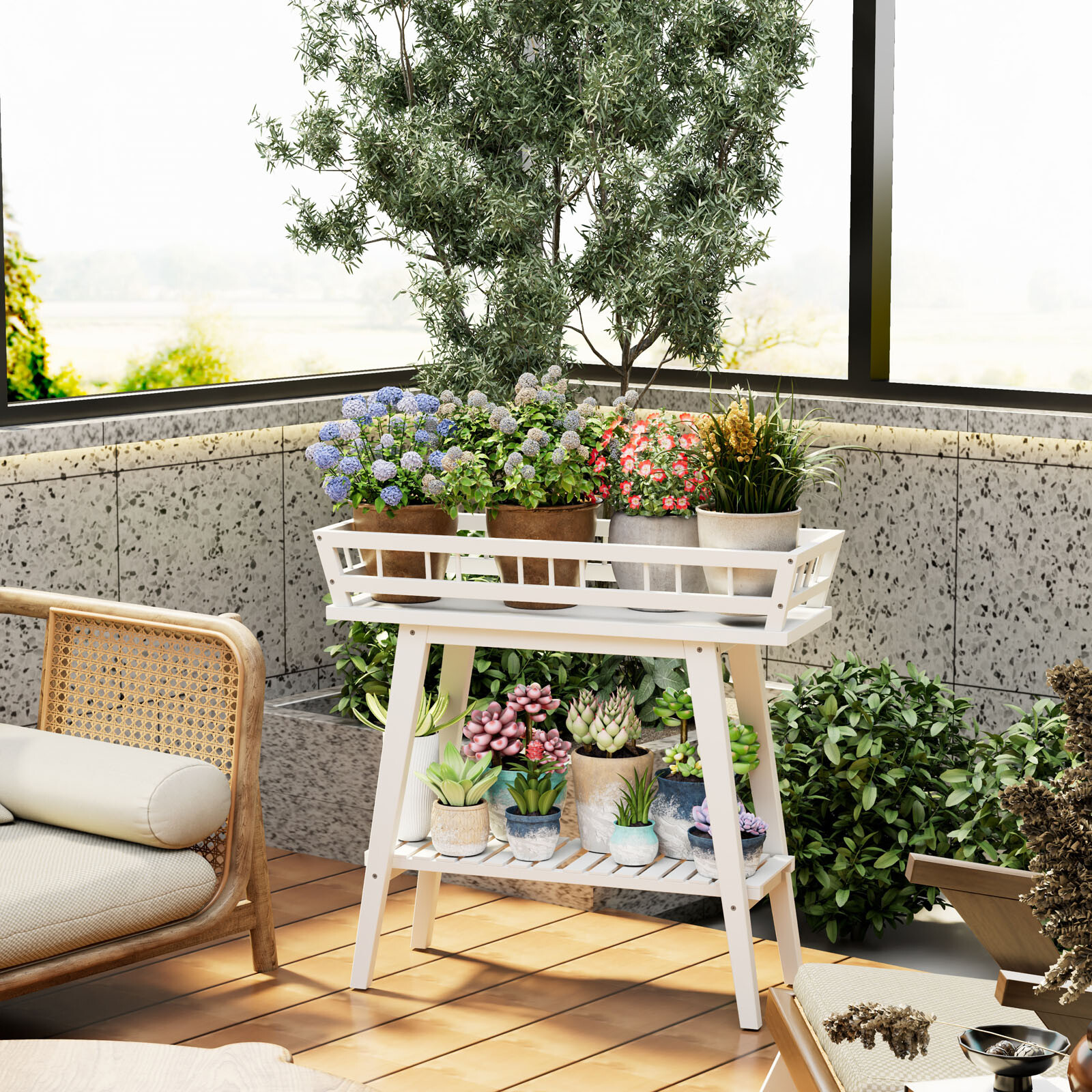 Raised Wooden Plant Shelf 2 Tier Window Sofa Table Tall Plant Stand w/ Guardrail