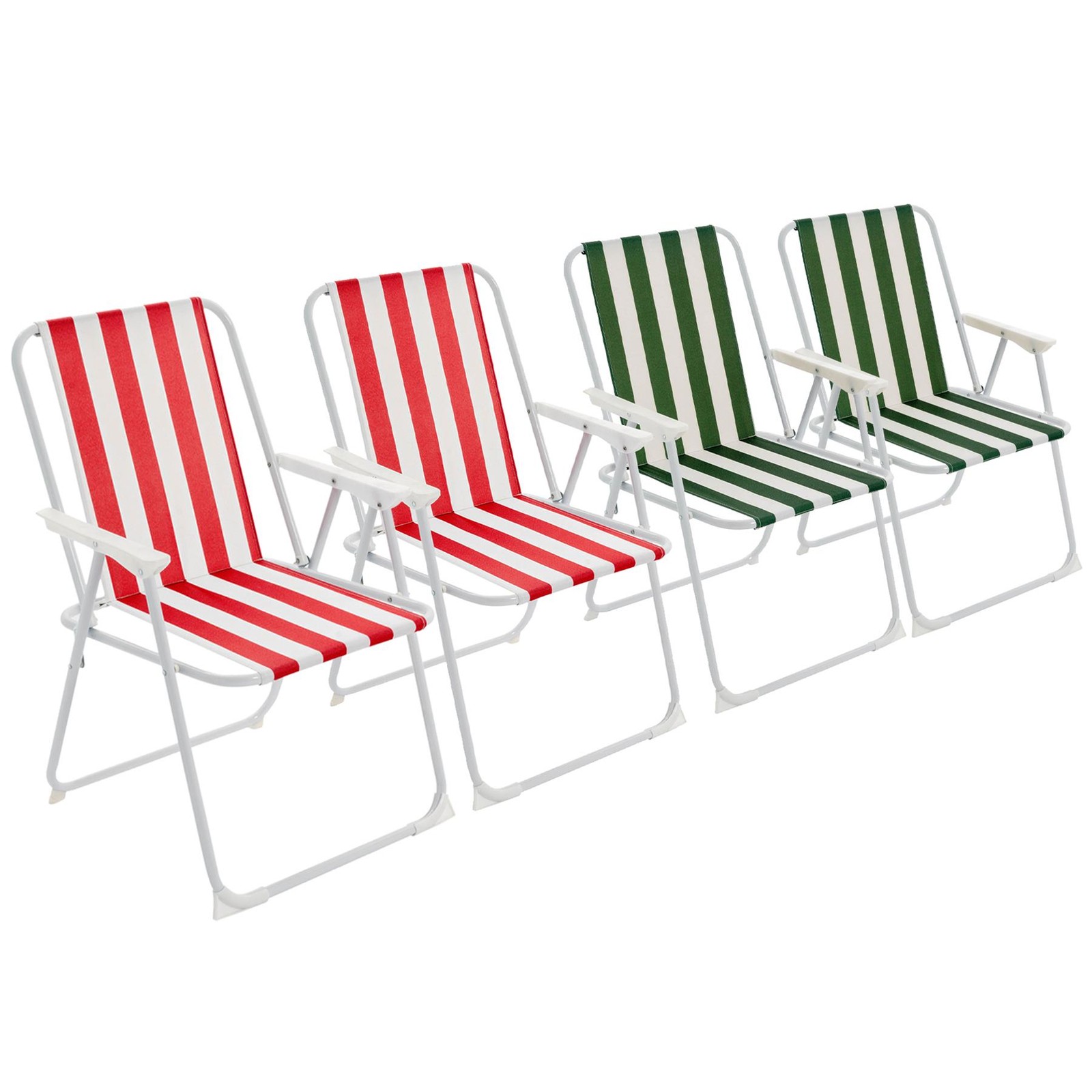 Metal Garden Armchair Folding Low Portable Camping Beach, Red & Green Stripe x4