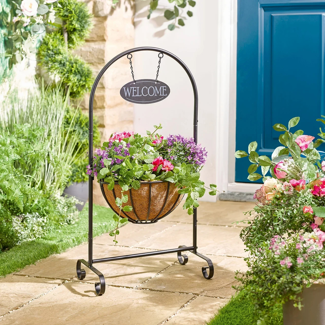 Welcome Flower Plant Planter 12'' Pot Holder Outdoor Decor Pre-Lined Metal Large