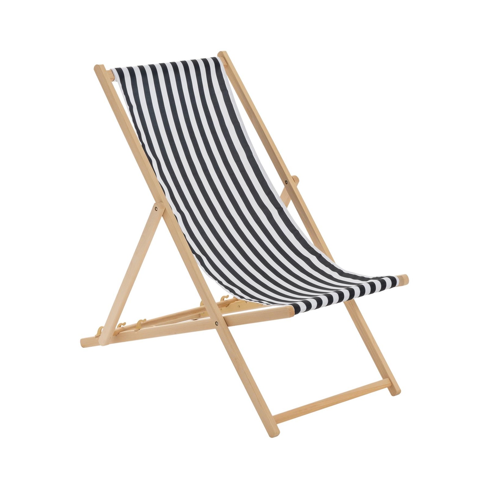 Folding Wooden Deck Chair Adjustable Reclining Canvas Beach Lounger Black Stripe