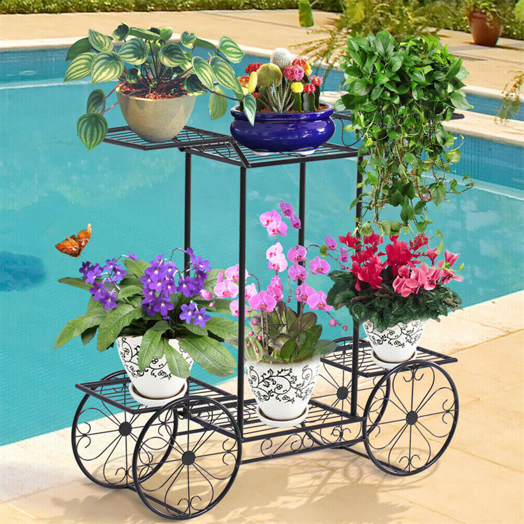 Large Metal Garden Cart Plant Stand Parisian Style Flower Display Rack Holder