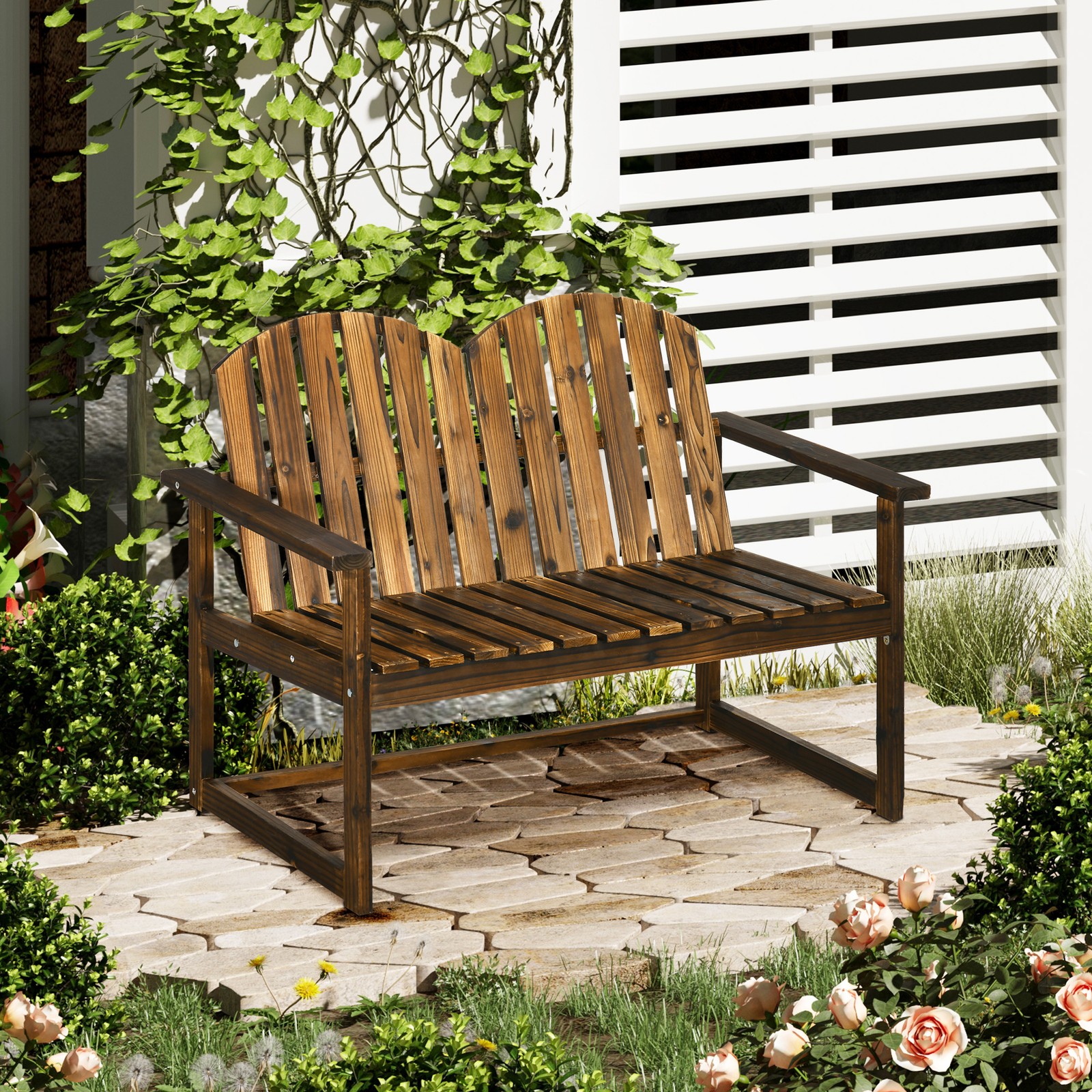 Outdoor Wooden Bench for Two People, Patio Loveseat Chair with Slatted Backrest