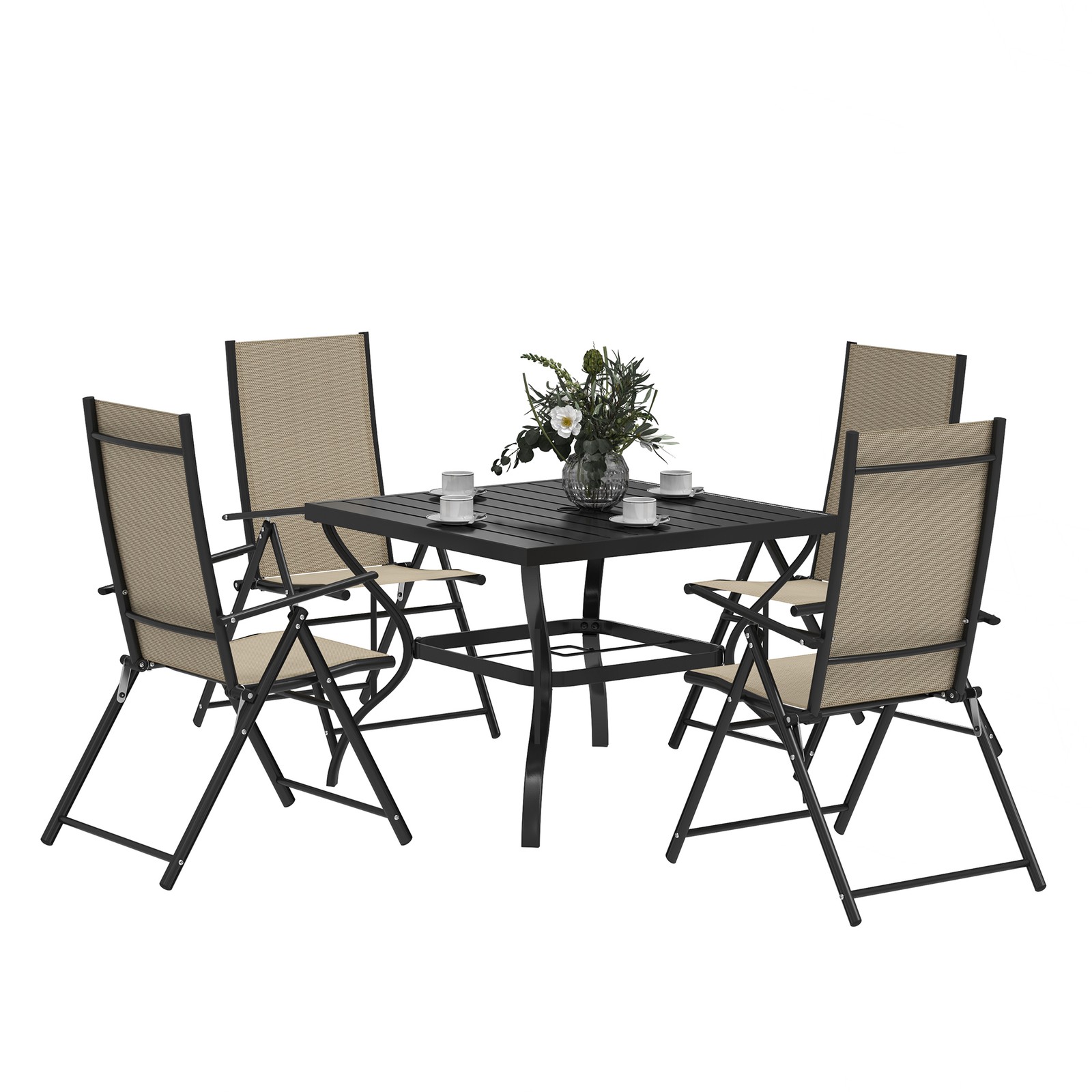 Outsunny 5 PCs Garden Dining Set, Folding Chairs and Metal Top Table, Khaki