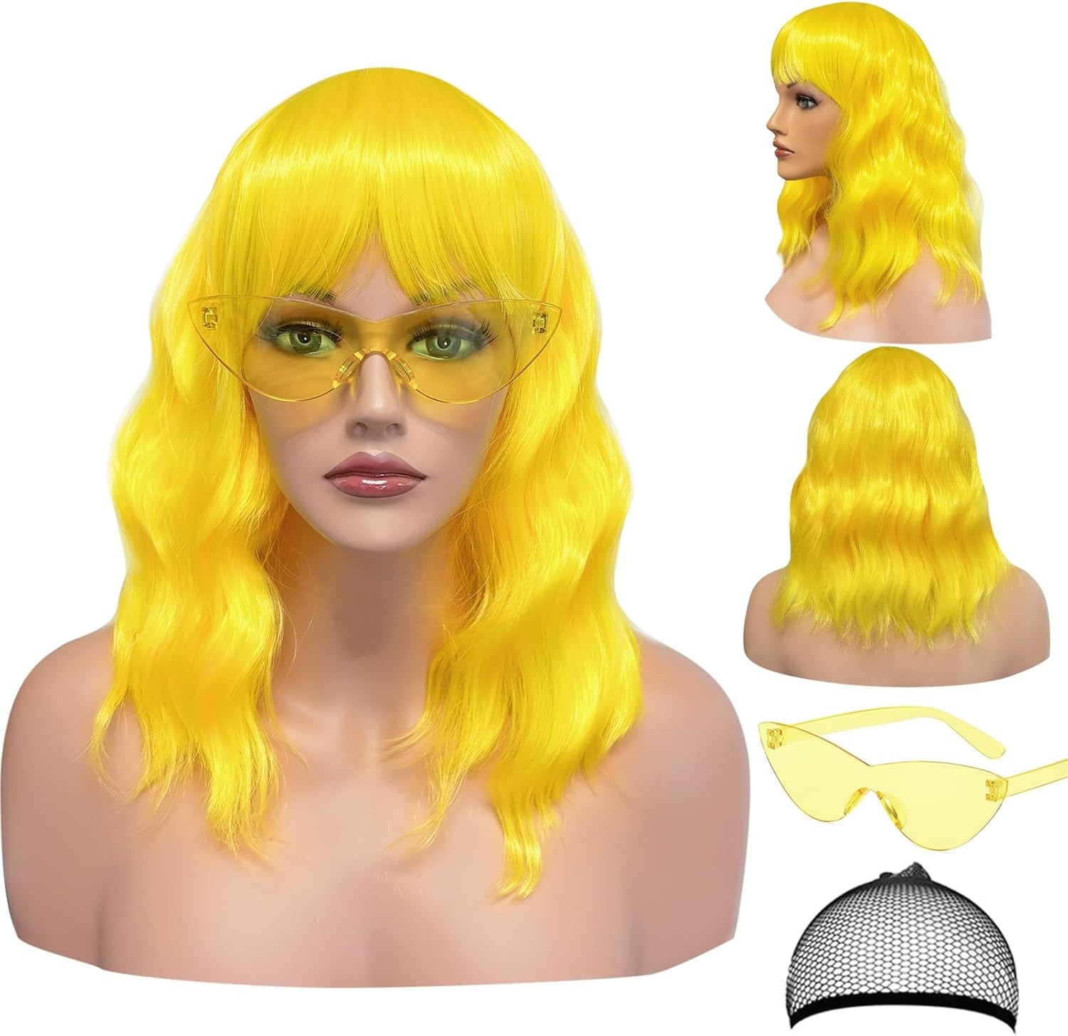 Short Wigs With Air Bangs Shoulder Length Women's Wig Curly Wavy Synthetic Hall