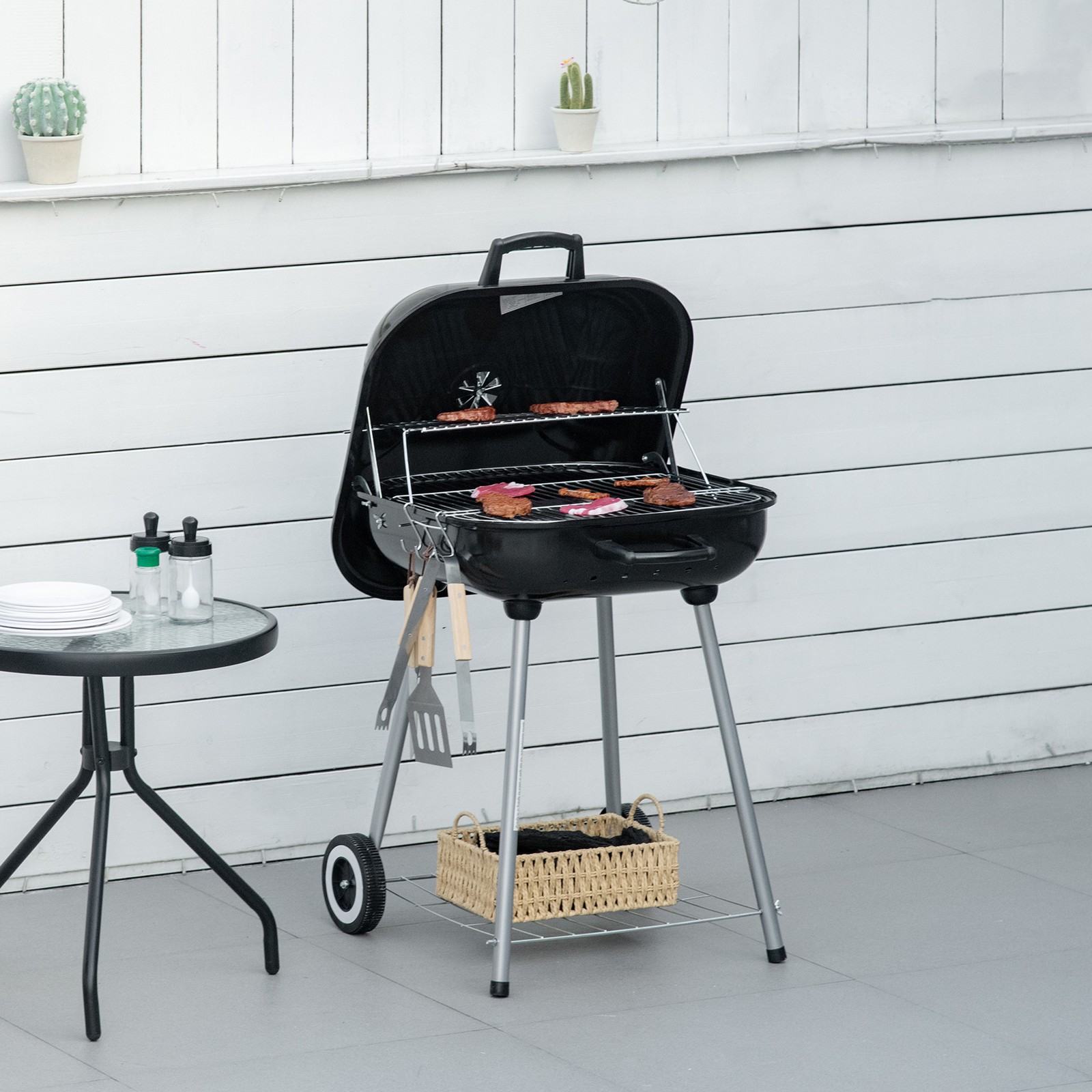 Portable BBQ Charcoal Grill with 2 Wheels, Grilling Utensils for Outdoor Garden