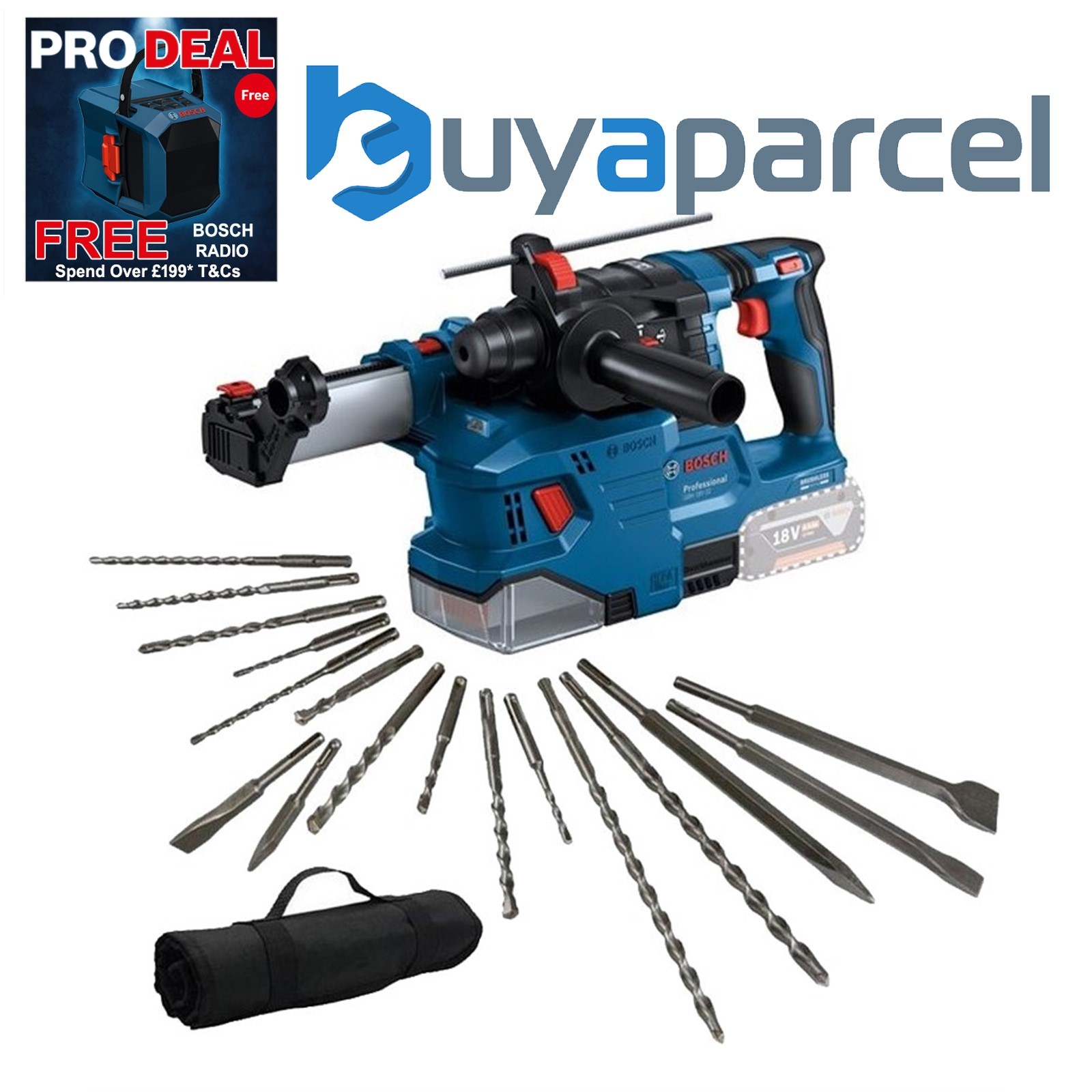 Bosch GBH 18V-22 SDS Brushless Cordless Rotary Hammer + Dust Extractor +17PC Set