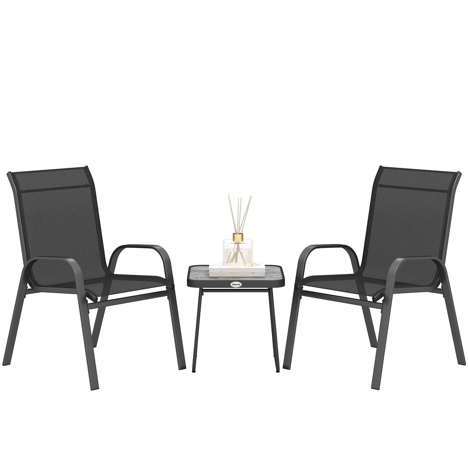 Outsunny 3PCs Bistro Set with Breathable Mesh Fabric Stackable Chairs Black