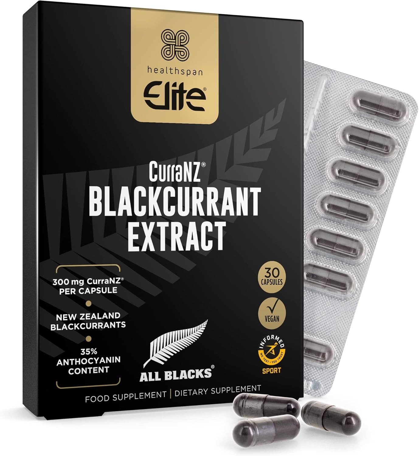 Healthspan Elite All Blacks CurraNZ Blackcurrant Extract 300mg (1 Month Supply)
