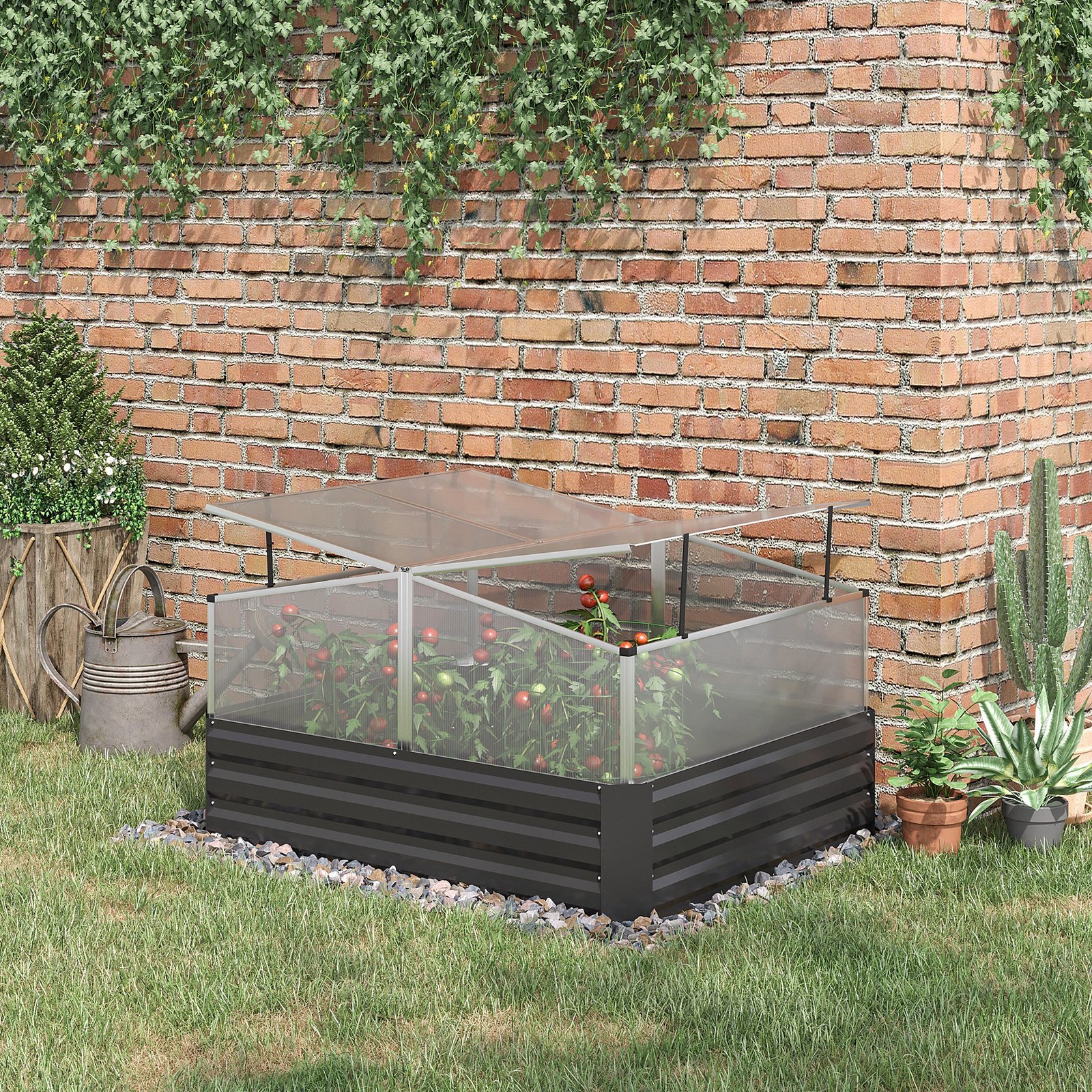 Galvanised Raised Garden Bed with Greenhouse and Openable Cover, Dark Grey