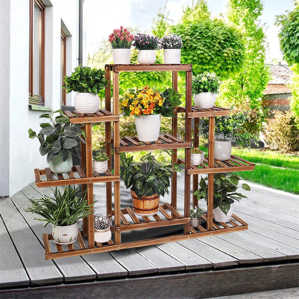 Flower Rack Plant Stand 9 Wood Shelves 13 Pots Balcony Display w/Hollow-Out Rack