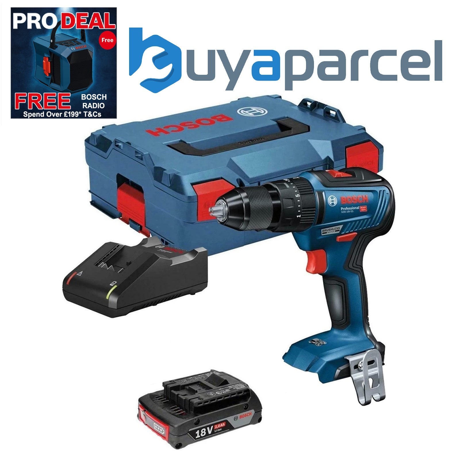 Bosch 18v GSB 18V-55 Brushless Combi Hammer Drill - 1 x 2.0ah Battery + L Case