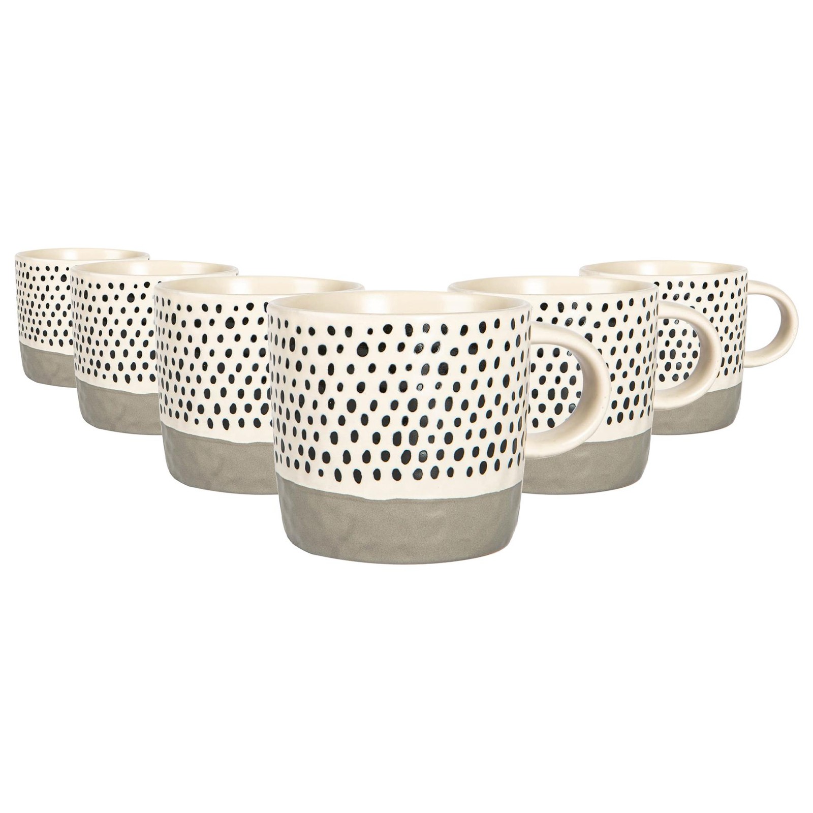 6x Dipped Dotty Stoneware Coffee Mugs Large Rustic Tea Cups Set 385ml Grey