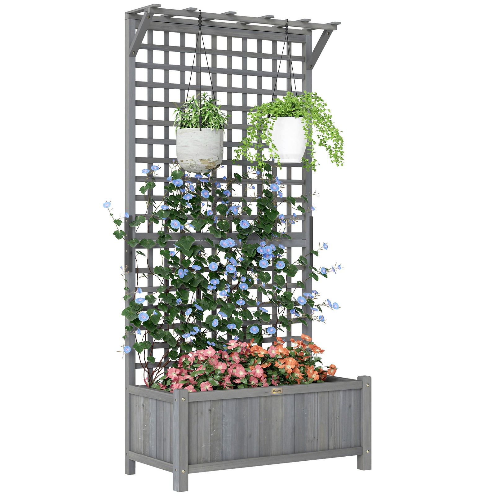 Outsunny Wood Planter with Trellis for Climbing Plants Planter Box Dark Grey