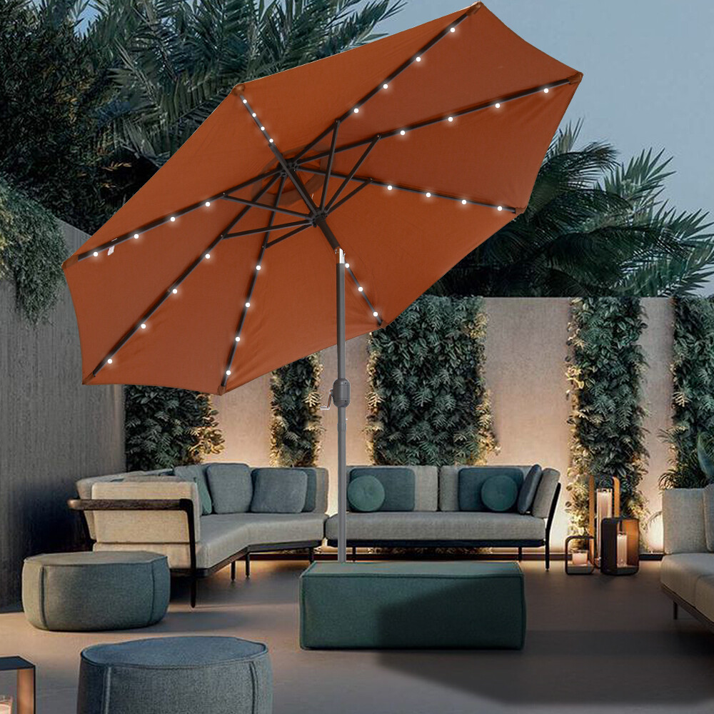 2.7M LED Round Garden Parasol Umbrella Sun Shade Outdoor Patio Crank Tilt Coffee